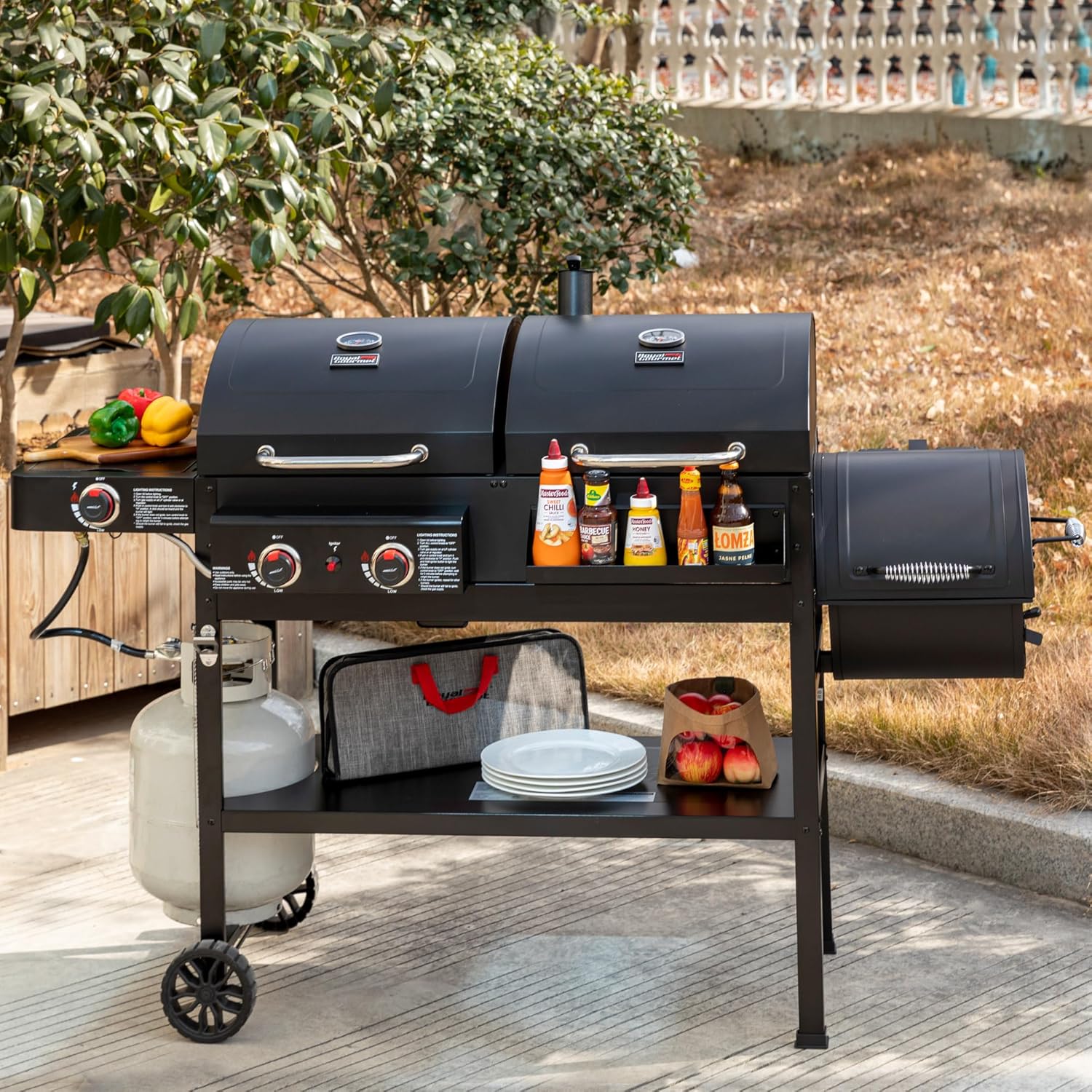 2-Burner Gas & Charcoal Combo Grill with Smoker & Side Burner, 34,000 BTU, 1020 Sq In, Black - Image 9