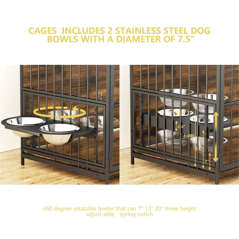 ROOMTEC Large Dog Crate Furniture With Adjustable Bowls, Steel Frame, 48in x 30.3in x 43in - Image 2