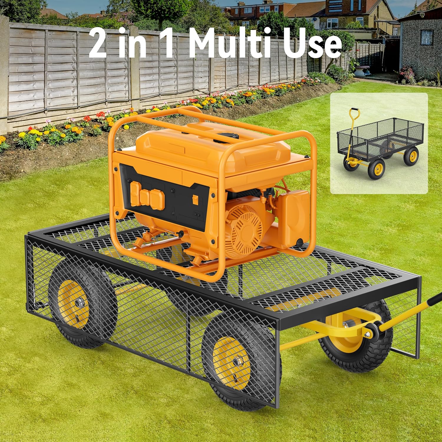 Steel Garden Cart 2-in-1 1400 lbs Heavy Duty Utility Wagon with Removable Mesh Sides to Convert into Flatbed 240?? U-Turn 13" Pneumatic Tires Garden Wagon for Farm Yard Lawn Garden Camping - Image 3