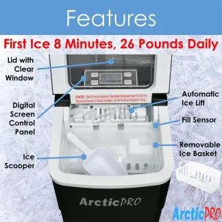 Arctic-Pro Portable Digital Ice Maker Machine, 26 Pounds Daily, Black, 11.5x8.7x12.5 Inches