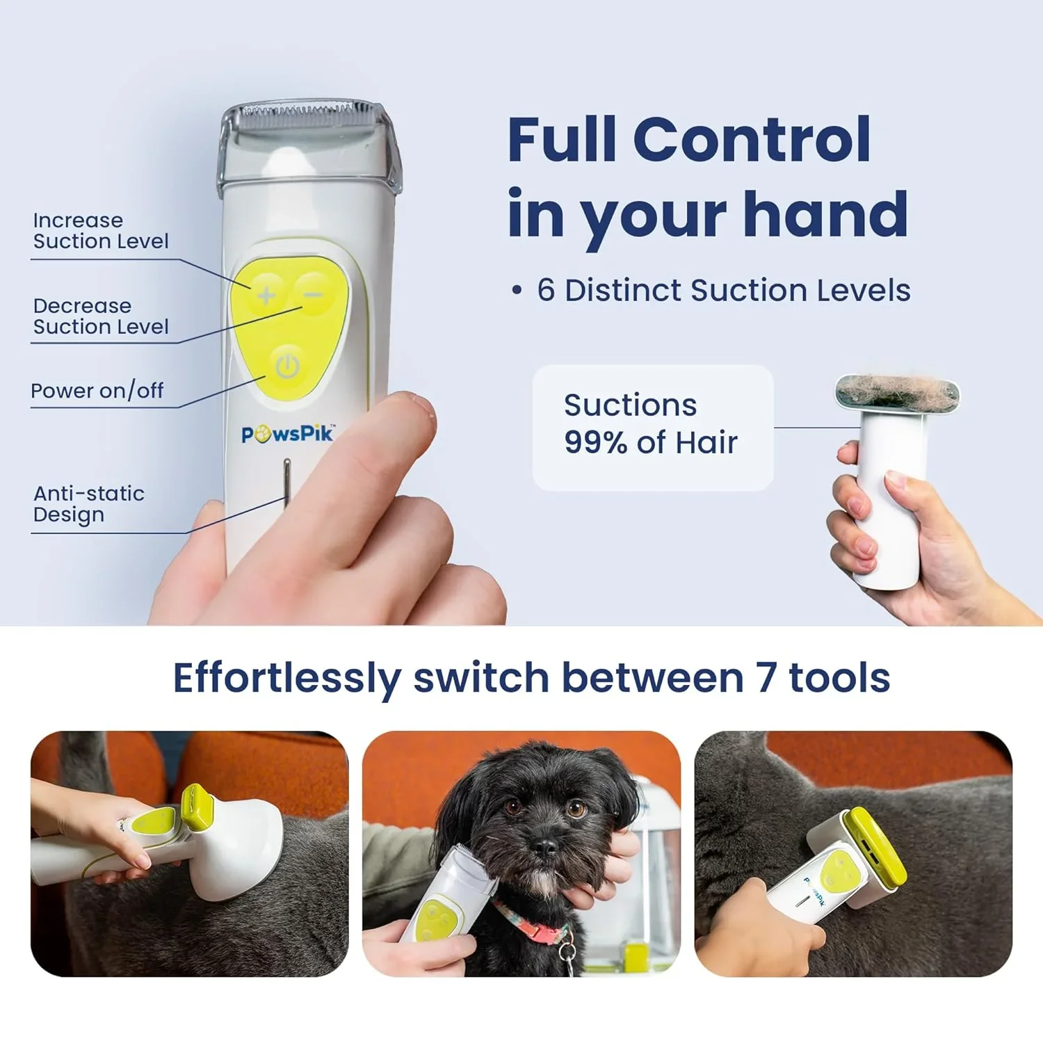 PAWSPIK Pet Grooming Vacuum Kit, 7 Tools, 6 Suction Levels, 2.2L Dust Bin - GroomingPro Rx - Image 2