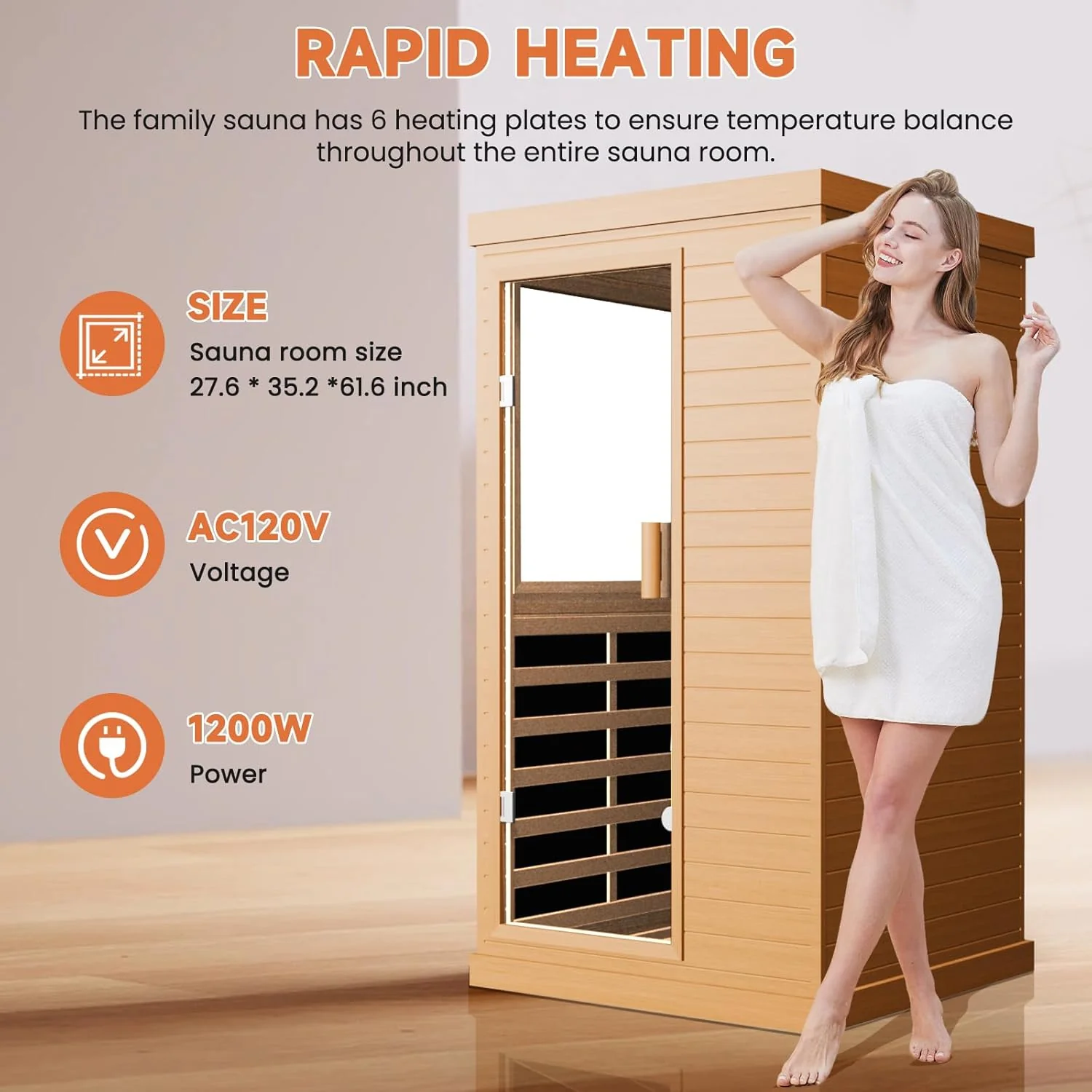 Far Infrared Home Sauna Spa Room, Canadian Hemlock Wood, 1200W, 110V, 35.2 x 27.6 x 61.6 Inch - Image 4