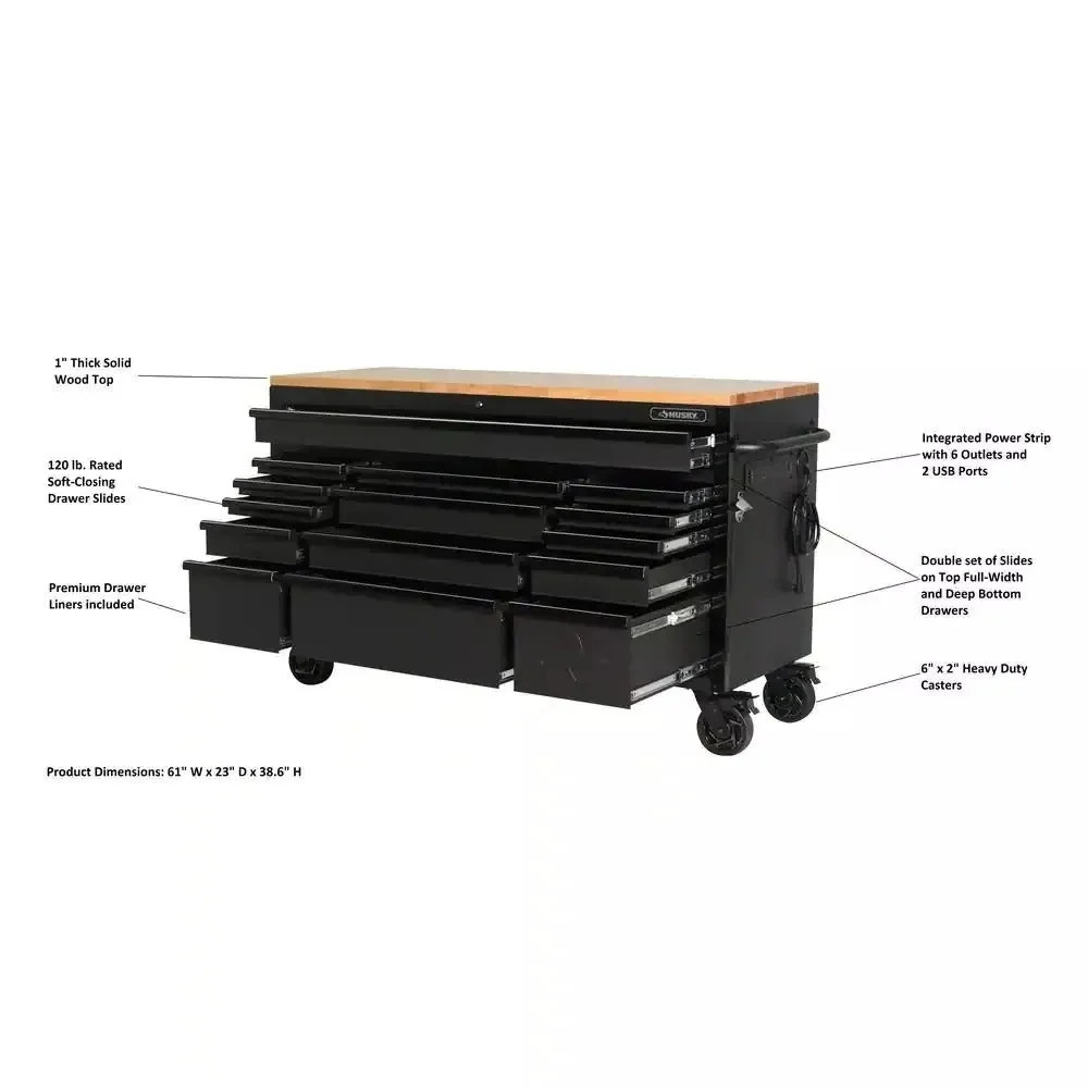 Heavy Duty 61 in. W x 23 in. D 15-Drawer Mobile Workbench with Solid Wood Top - Image 3