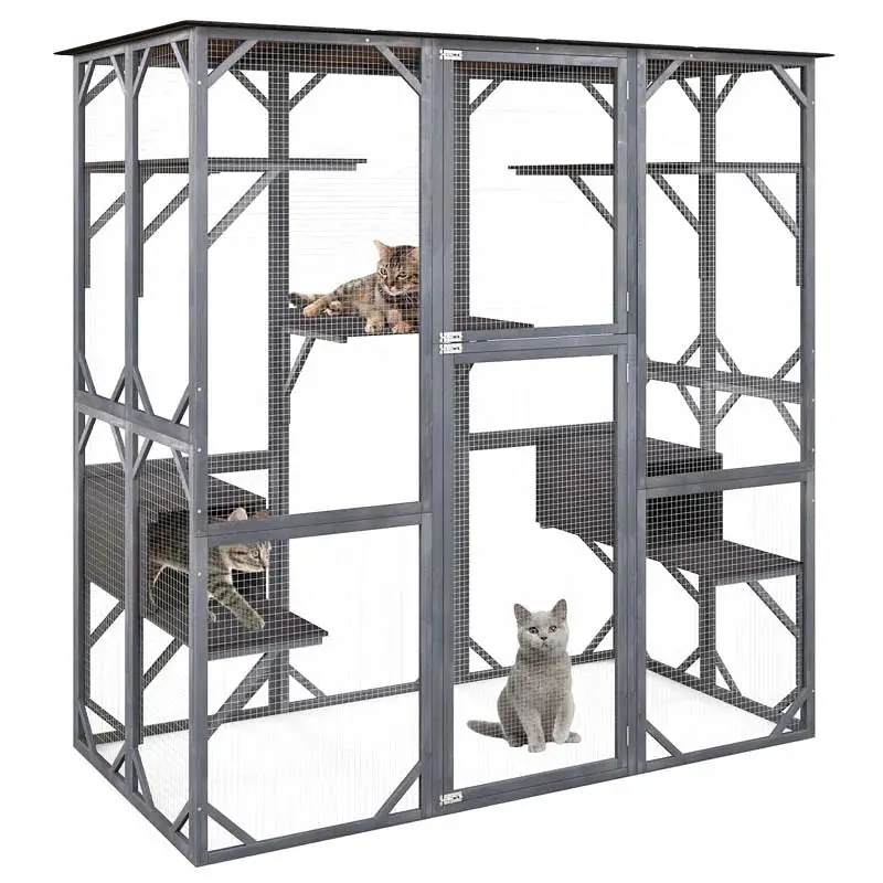 71-Inch Outdoor Wooden Catio Enclosure With 7 Platforms And 2 Condos - Grey - Image 4