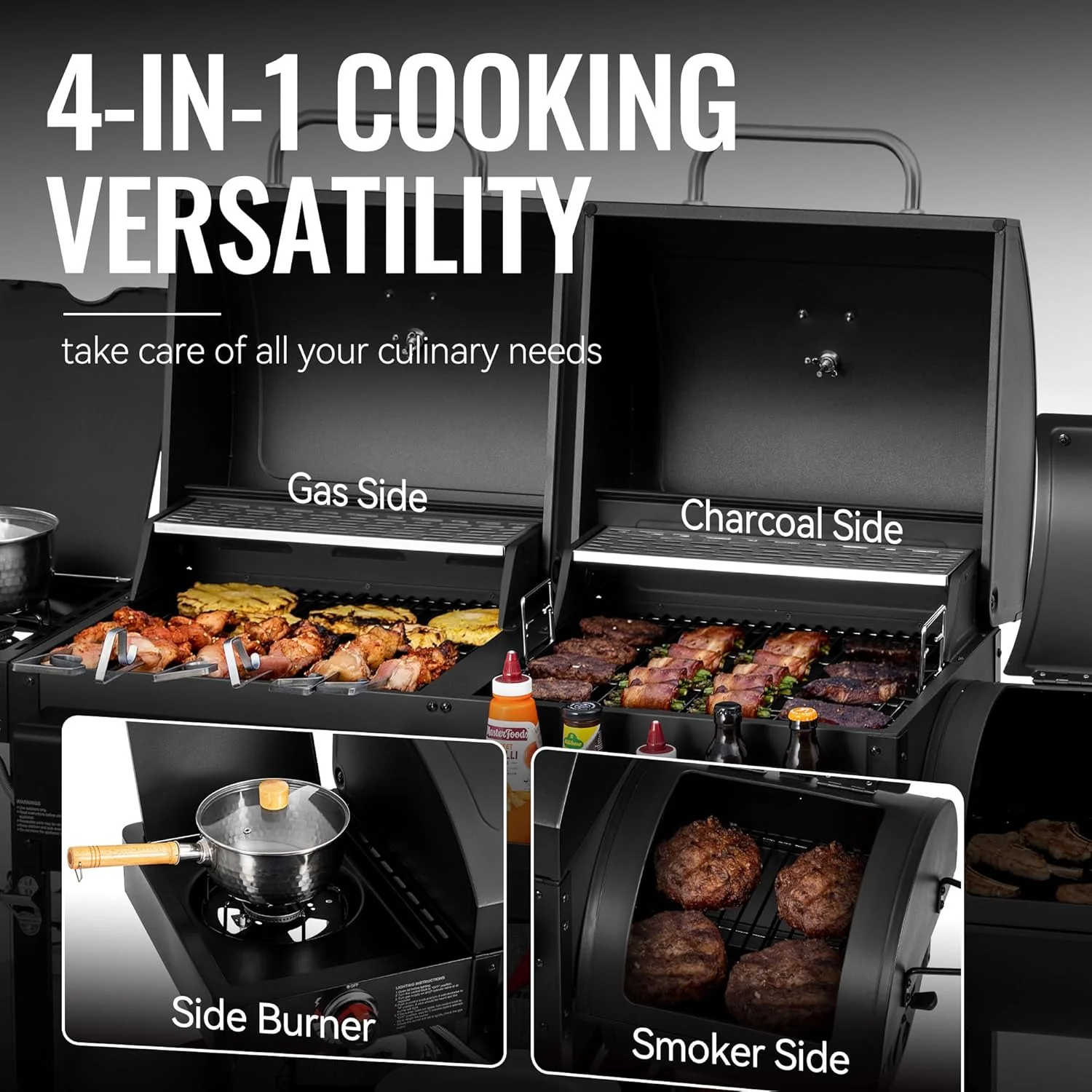 2-Burner Gas & Charcoal Combo Grill with Smoker & Side Burner, 34,000 BTU, 1020 Sq In, Black - Image 4