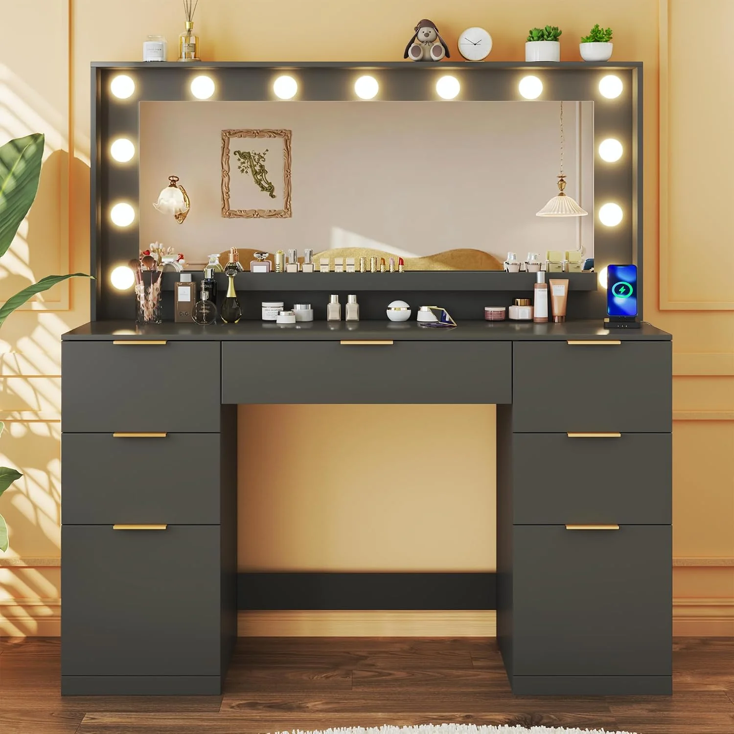 Fixwal Vanity Desk, 45.3in Makeup Vanity with 7 Drawers & Large Mirror, Black Vanity Desk for Bedroom - Image 3