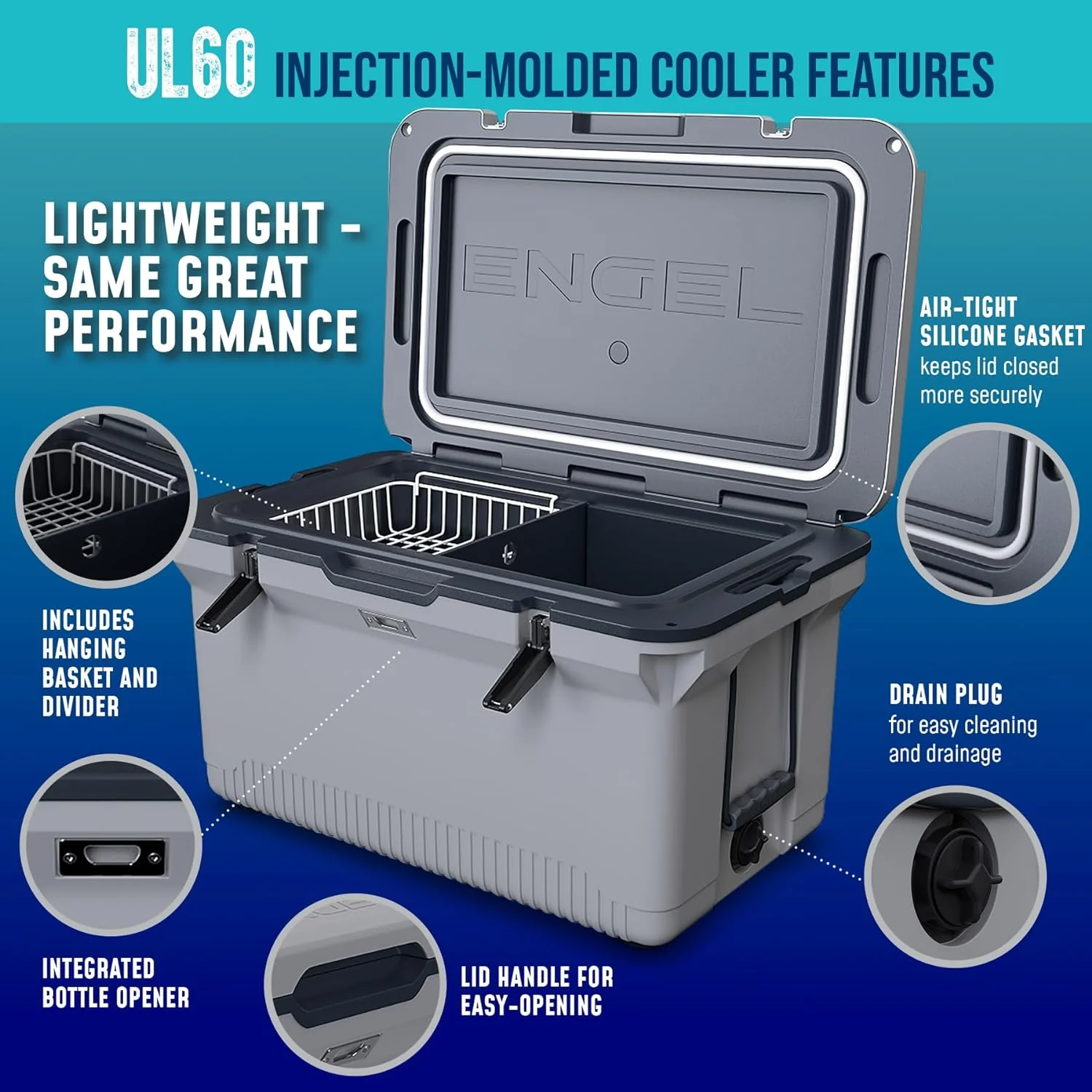 60 QT Ultra-Light Injection Molded Cooler - Ice Chest Keeps Ice up to 7 Days - Large Cooler Includes Wire Basket, Divider and Built-in Bottle Opener - Image 14