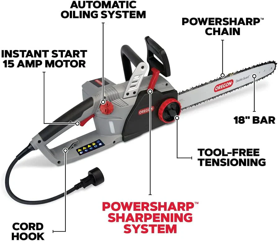 Oregon CS1500 18-inch 15 Amp Self-Sharpening Corded Electric Chainsaw, with Integrated Self-Sharpening System (PowerSharp), 2-Year Warranty, 120V, Grey, Black - Image 13