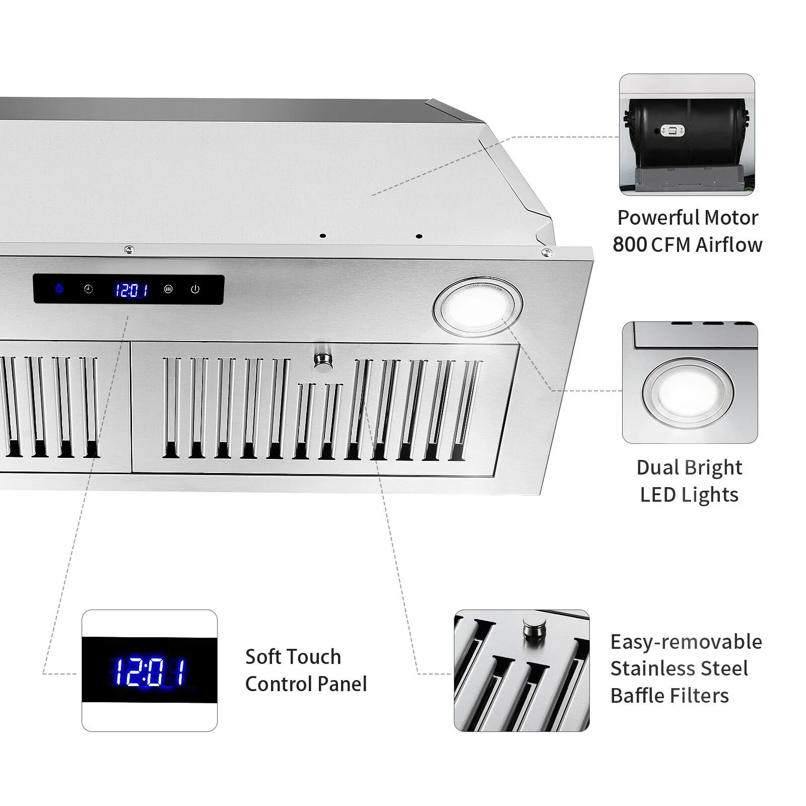 30 Inch Built-In Range Hood 800 CFM 3-Speed Touch Control - Image 6