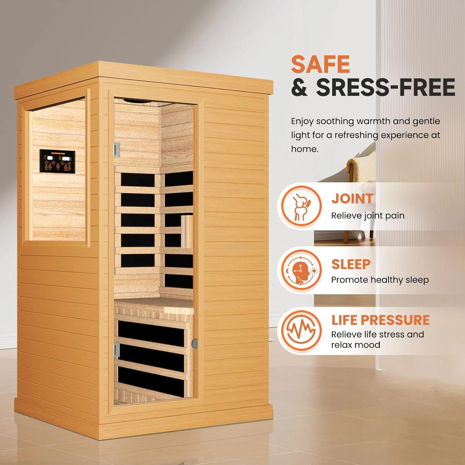 Far Infrared Home Sauna Spa Room, Canadian Hemlock Wood, 1200W, 110V, 35.2 x 27.6 x 61.6 Inch - Image 8