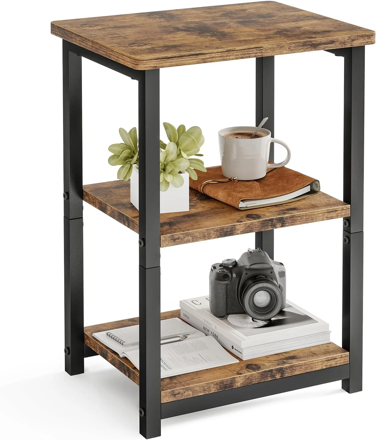 Rustic Brown Nightstand with Charging Station, 2 Fabric Drawers & Open Shelves - Image 3