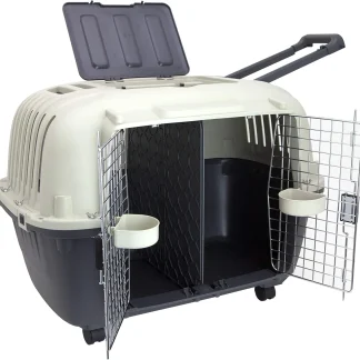SportPet Designs Plastic Airline Approved Rolling Dog Kennel With Wire Door, XXX-Large, Gray, 48in L x 32in W x 36in H