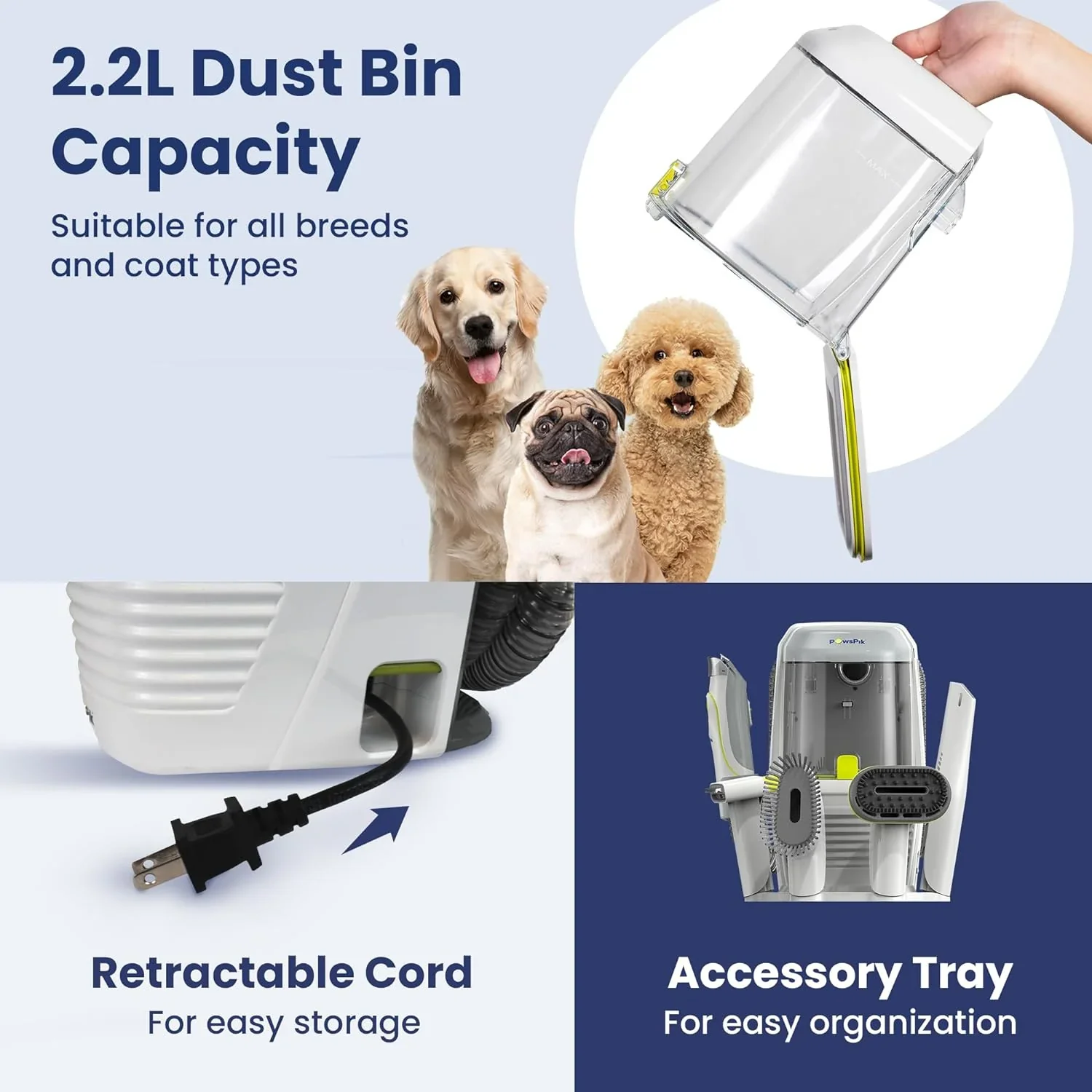 PAWSPIK Pet Grooming Vacuum Kit, 7 Tools, 6 Suction Levels, 2.2L Dust Bin - GroomingPro Rx - Image 6