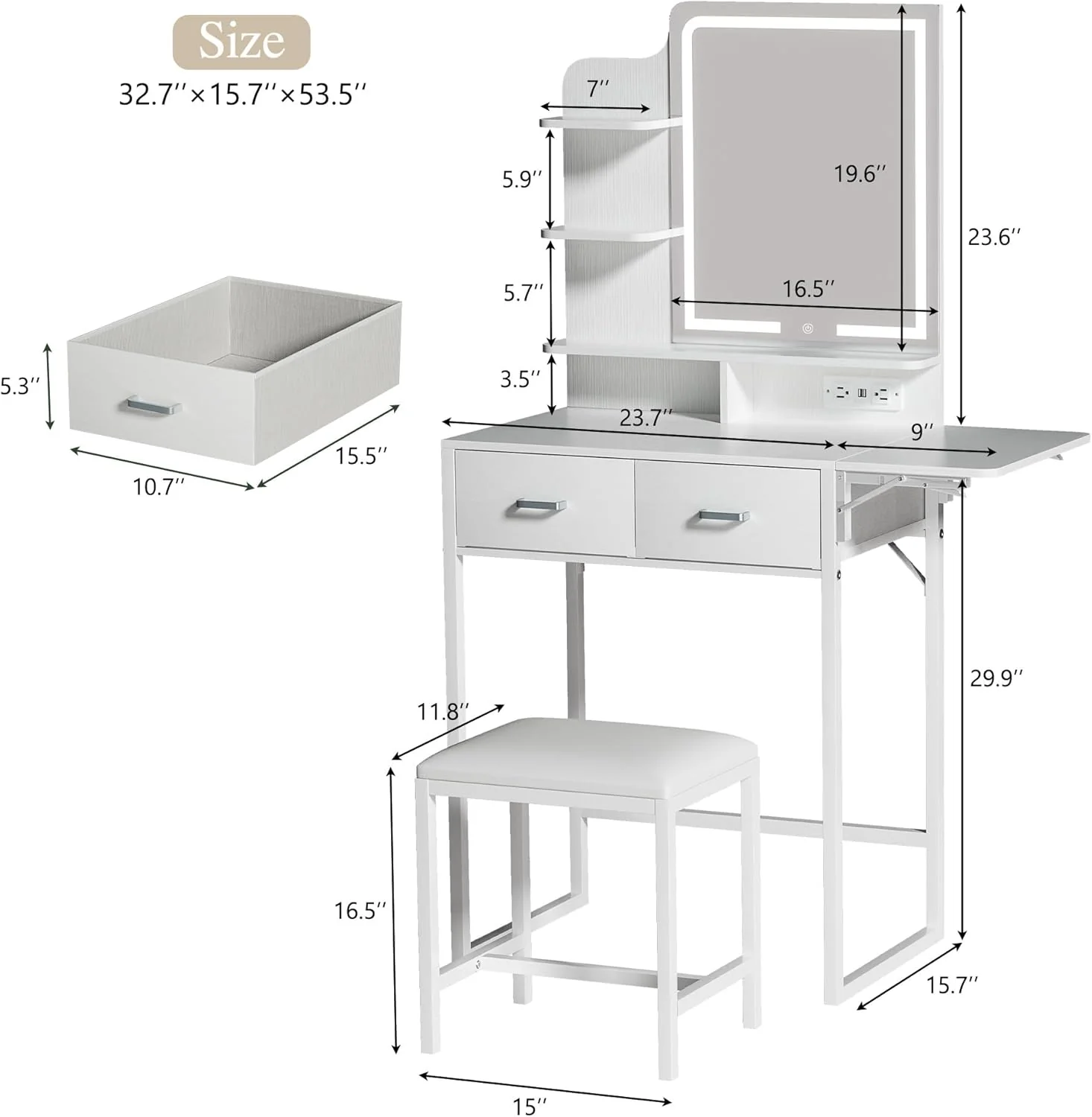 Fixwal Small Makeup Vanity Table with LED Mirror, 4 Drawers & Charging Station, White - Image 3