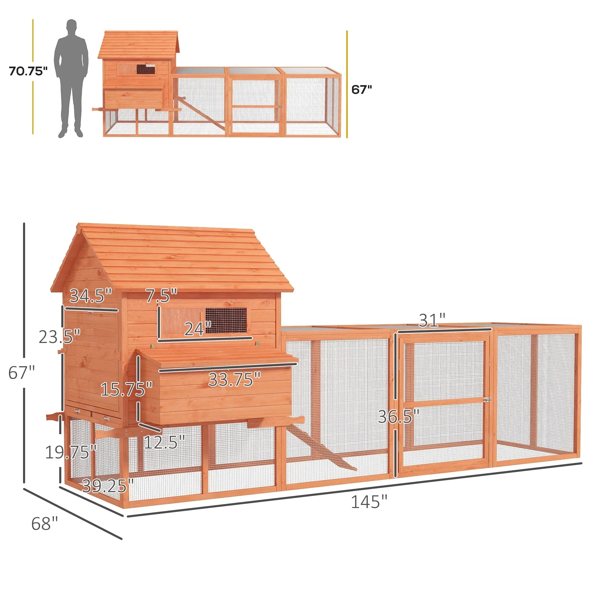 PawHut Wooden Chicken Coop With Run And Inner Hen House Space - 145 in - Image 5