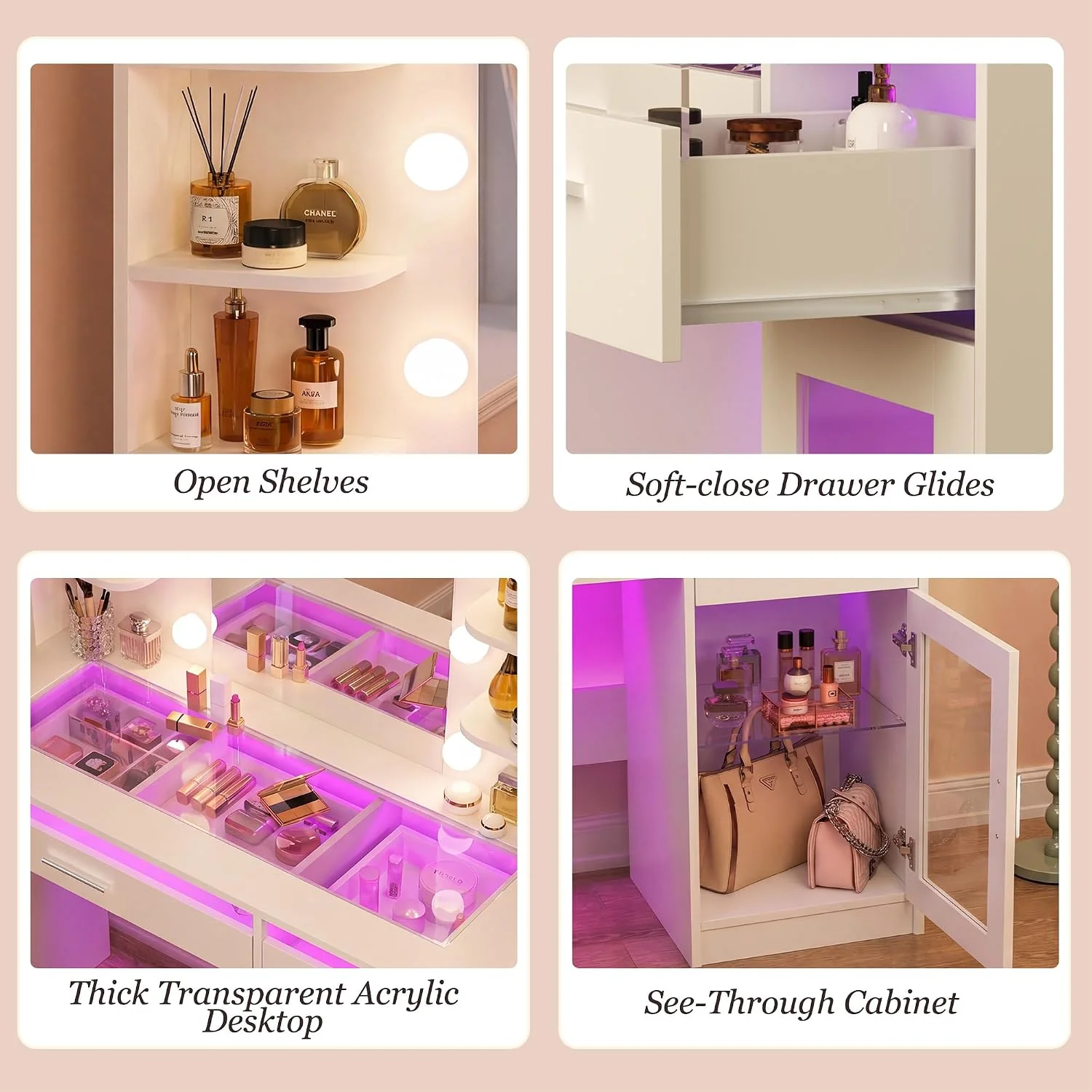 Fixwal Vanity Desk with Mirror and Lights, Makeup Vanity Table with RGB Drawers, 3-Color LED Lighting, Tempered Glass Top, 6 Shelves, Power Outlet, 35.4"W x 15.7"L x 55.1"H - Image 6