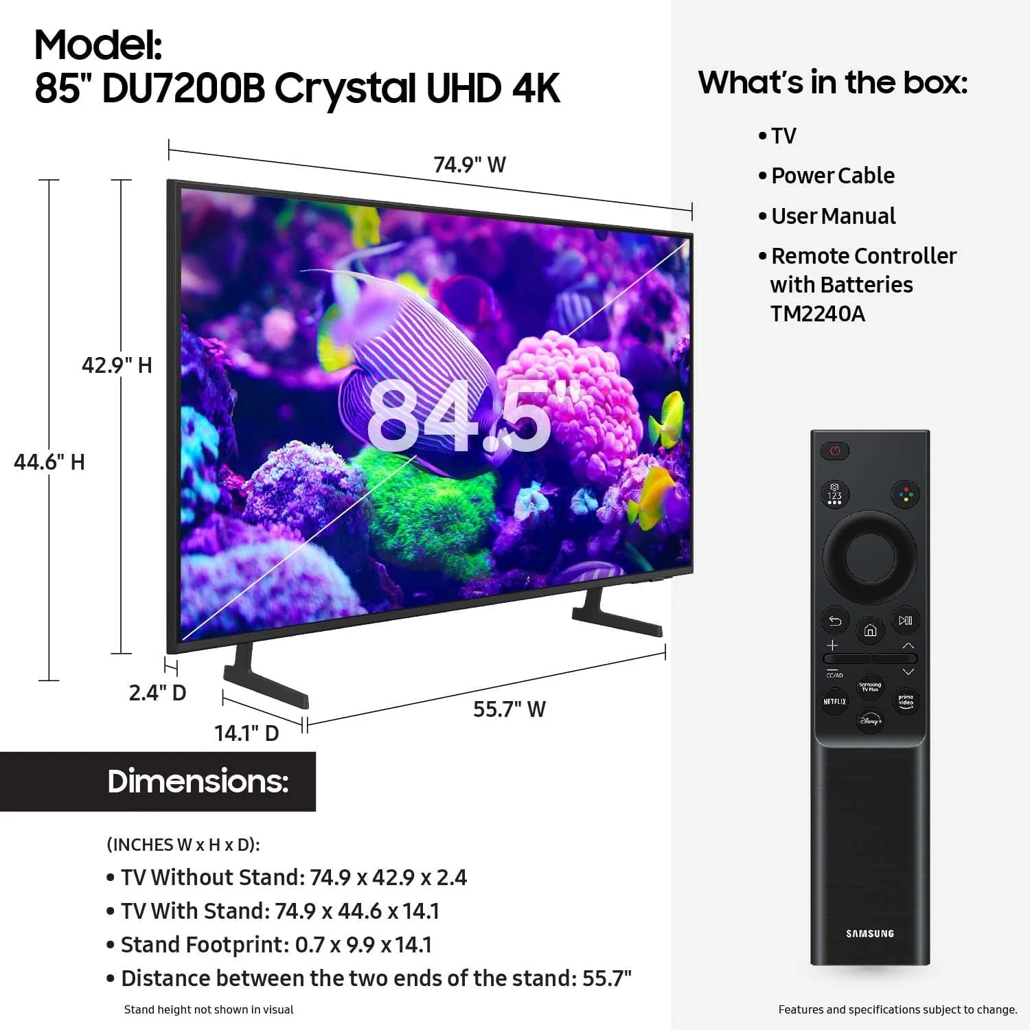 Samsung 85′′ DU7200B Crystal UHD 4K Smart TV with PurColor, 4K Upscaling, HDR, Motion Xcelerator, and Tizen OS - Image 2