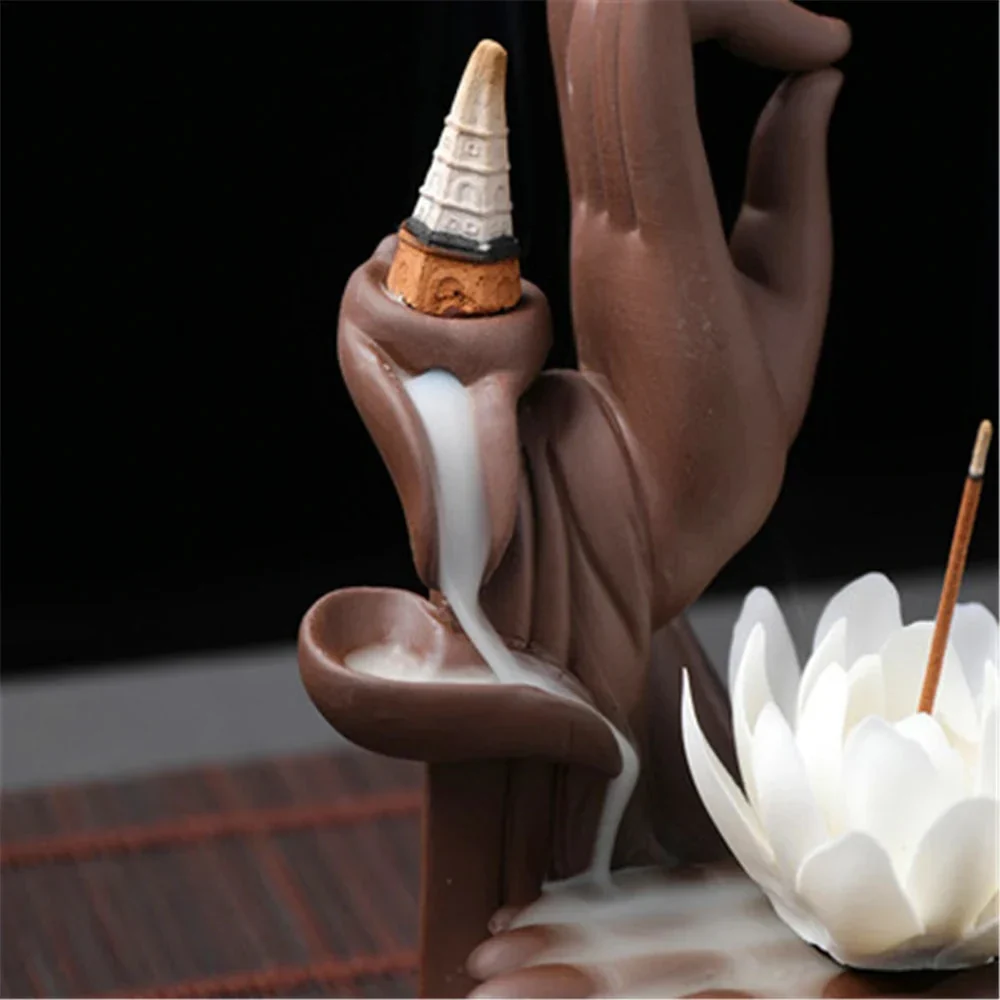 Backflow Incense Waterfall Burner - Buddha Hand Ceramic Lotus - Image 2