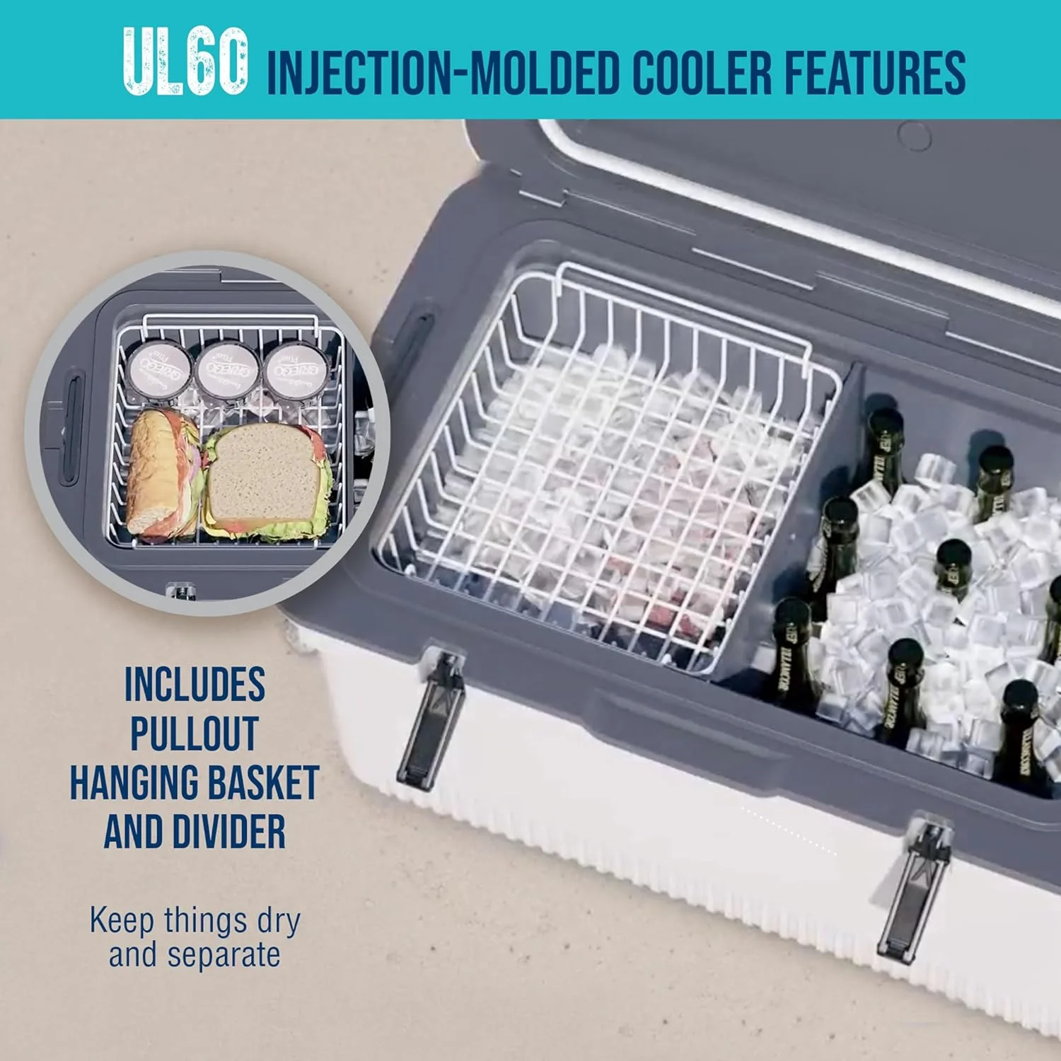 60 QT Ultra-Light Injection Molded Cooler - Ice Chest Keeps Ice up to 7 Days - Large Cooler Includes Wire Basket, Divider and Built-in Bottle Opener - Image 5