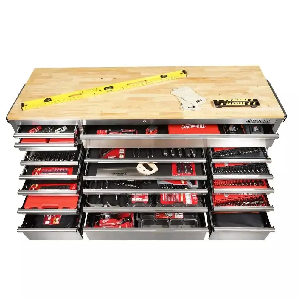 72 in 18-Drawer 24 in. D Mobile Workbench with Solid Wood Top Stainless Steel - Image 5