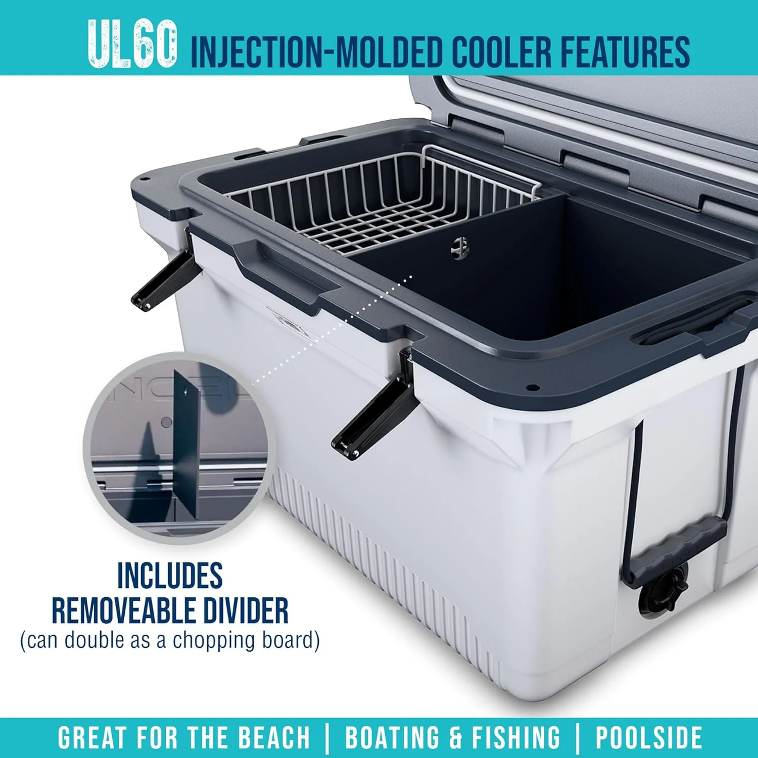 60 QT Ultra-Light Injection Molded Cooler - Ice Chest Keeps Ice up to 7 Days - Large Cooler Includes Wire Basket, Divider and Built-in Bottle Opener - Image 6