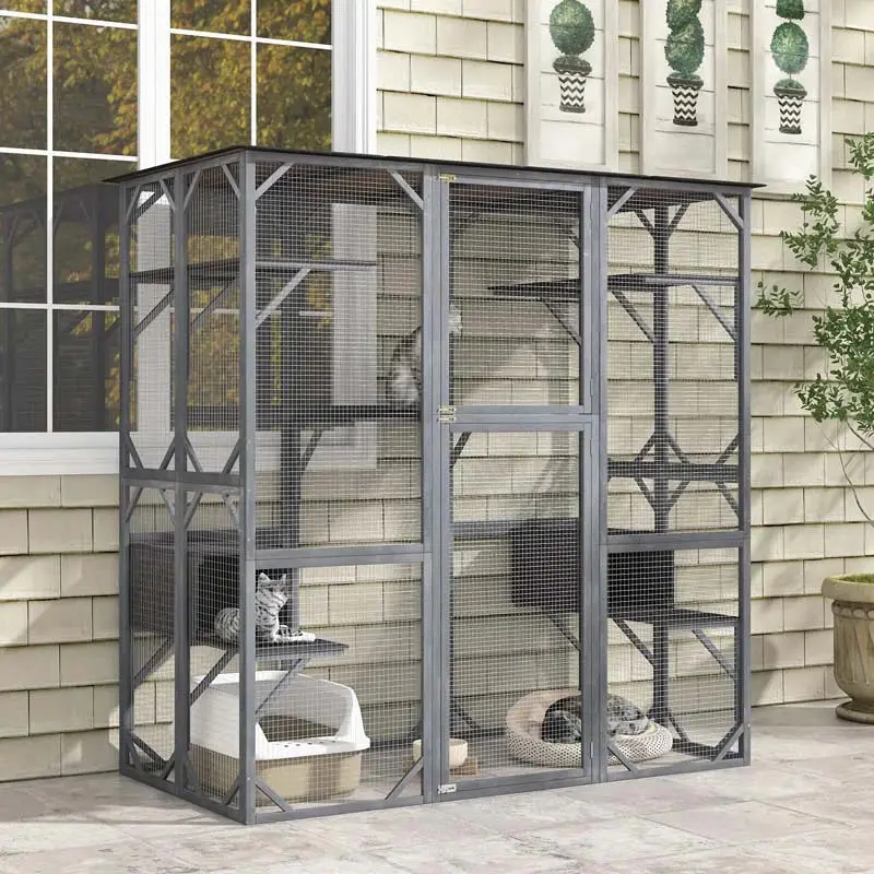 71-Inch Outdoor Wooden Catio Enclosure With 7 Platforms And 2 Condos - Grey