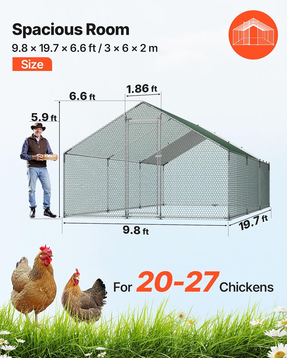 VEVOR Walk-In Metal Chicken Coop With Cover, 19.7 x 9.8 x 6.5 ft, Spire Roof And Security Lock - Image 2