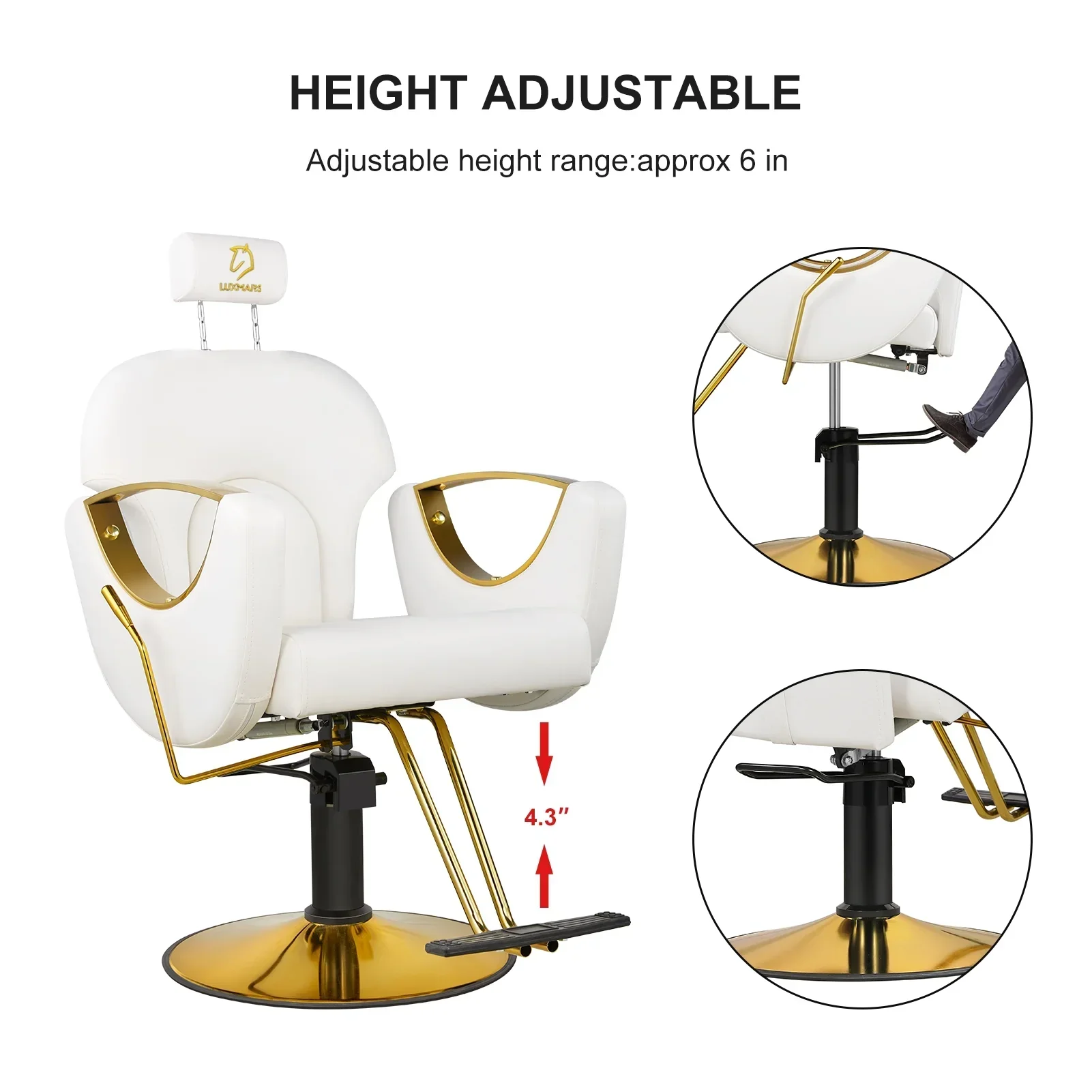 LUXMARS Reclining Hydraulic Barber Chair, White, 40 Inches To 46 Inches - Image 4