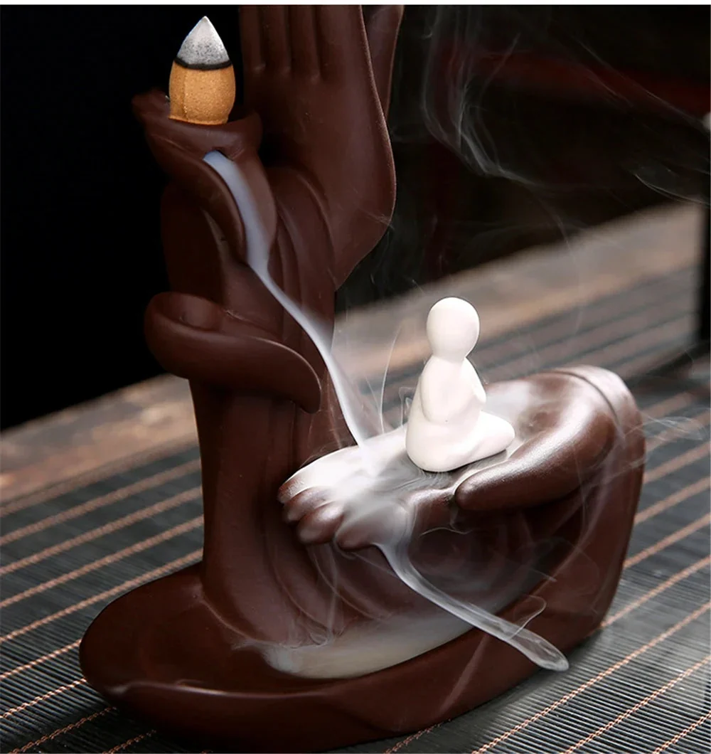 Backflow Incense Waterfall Burner - Buddha Hand Ceramic Lotus - Image 3