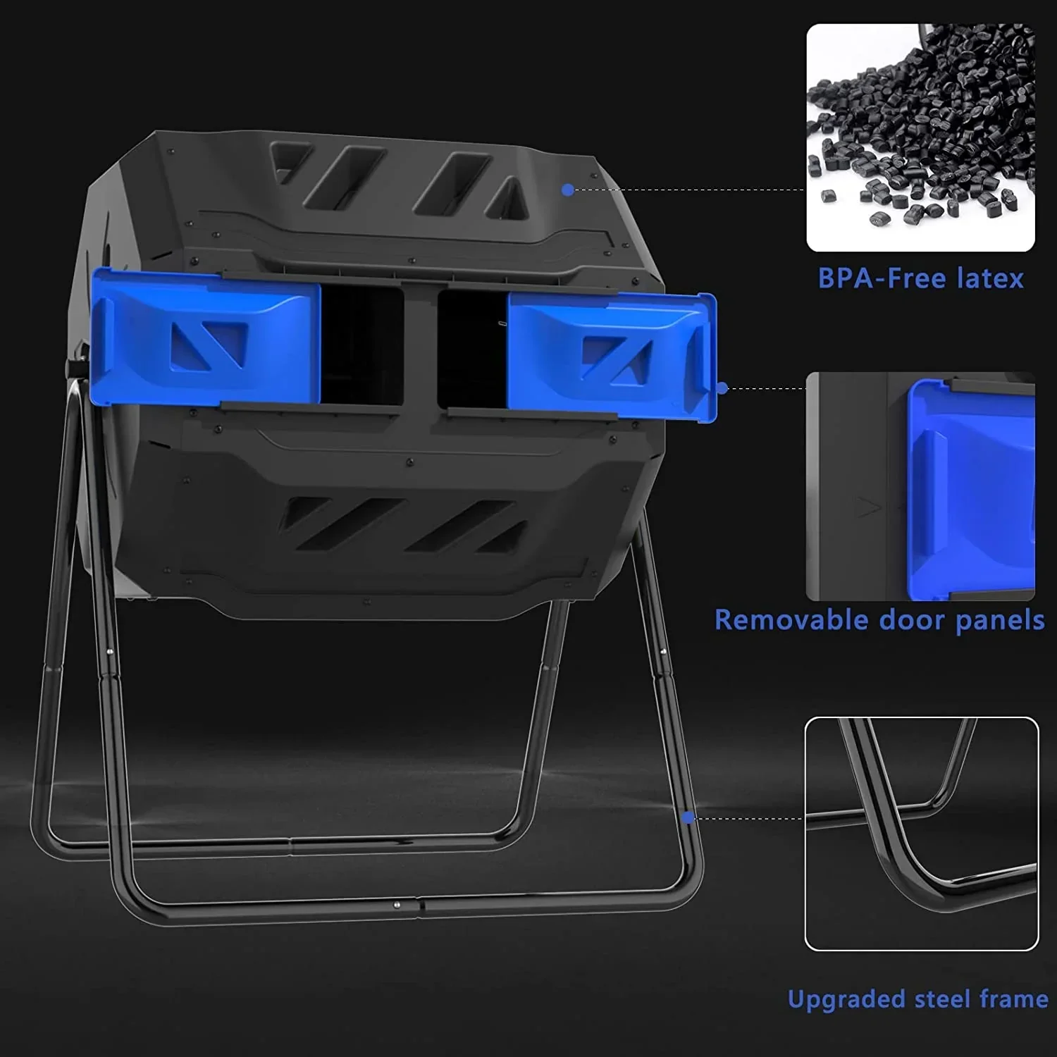 Large Compost Tumbler Bin Dual Compartment Better AirCirculation Efficient Compost BPA Free Sturdy Steel Frame 43Gallon (2 21.5Gal) Blue Door - Image 4