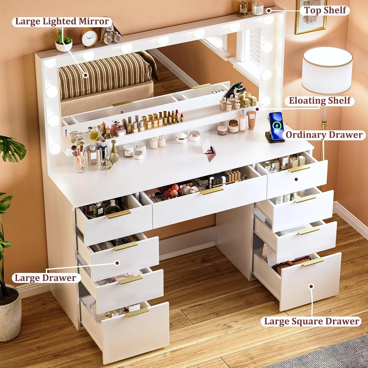 Fixwal 45.3" White Makeup Vanity Table with 9 Drawers, LED Lighted Mirror & Power Outlet - Image 3