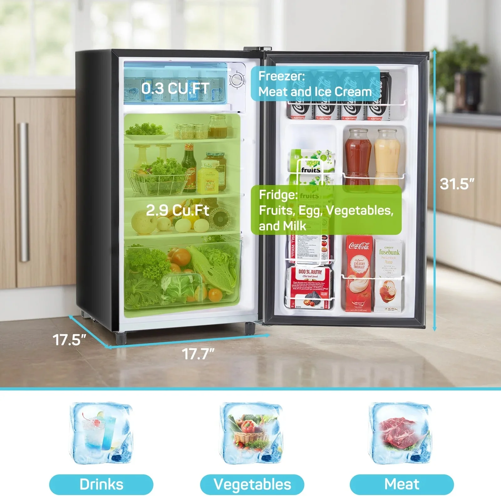 TINKLE WELL Mini Fridge With Freezer, 3.2 Cu Ft, Single Door, Silver - Image 6