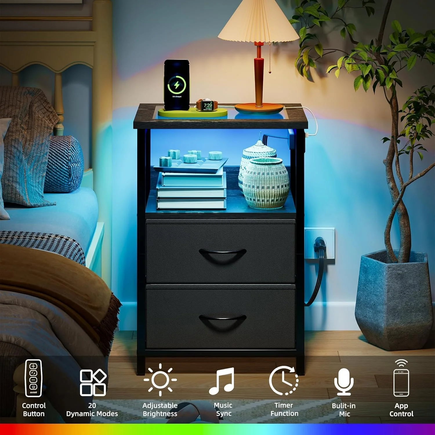 Fixwal 2 Drawers Night Stand with Glass Clear Desktop - Image 2