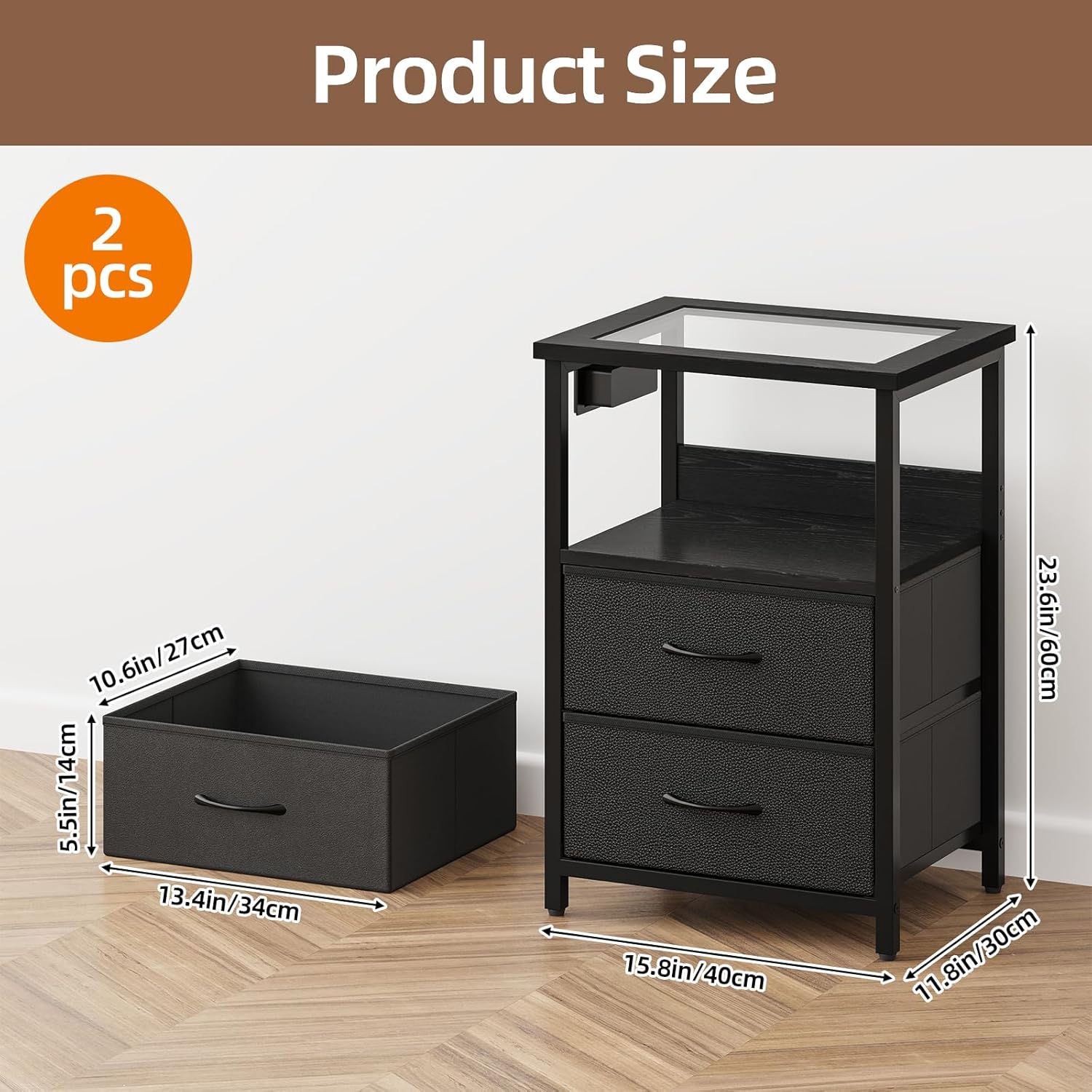 Fixwal 2 Drawers Night Stand with Glass Clear Desktop - Image 4