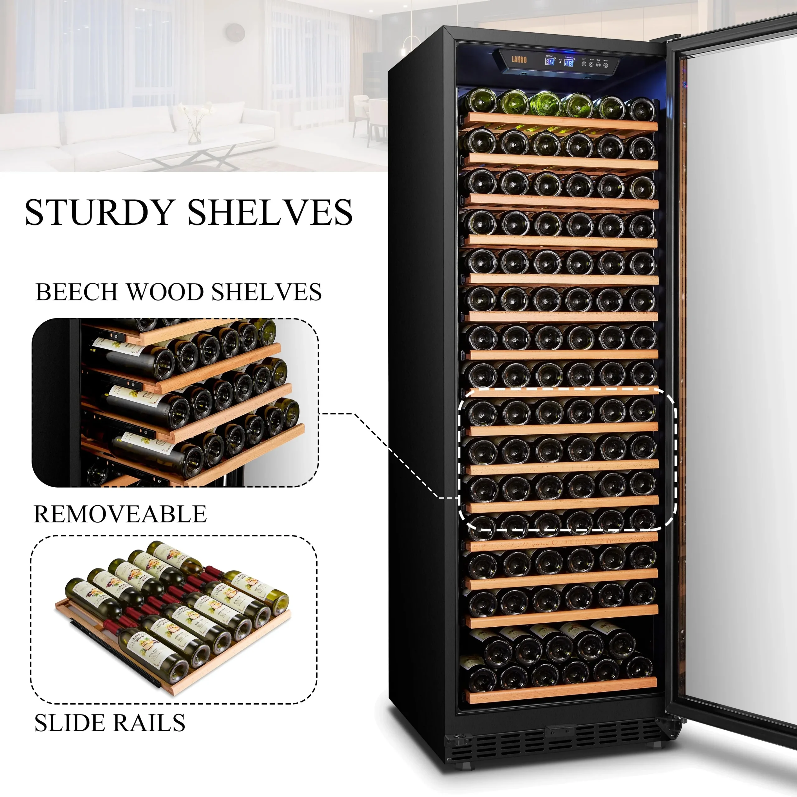 Lanbo 165 Bottle Built-In Black Single Zone Wine Cooler, 24 inch Width - LW177S - Image 5