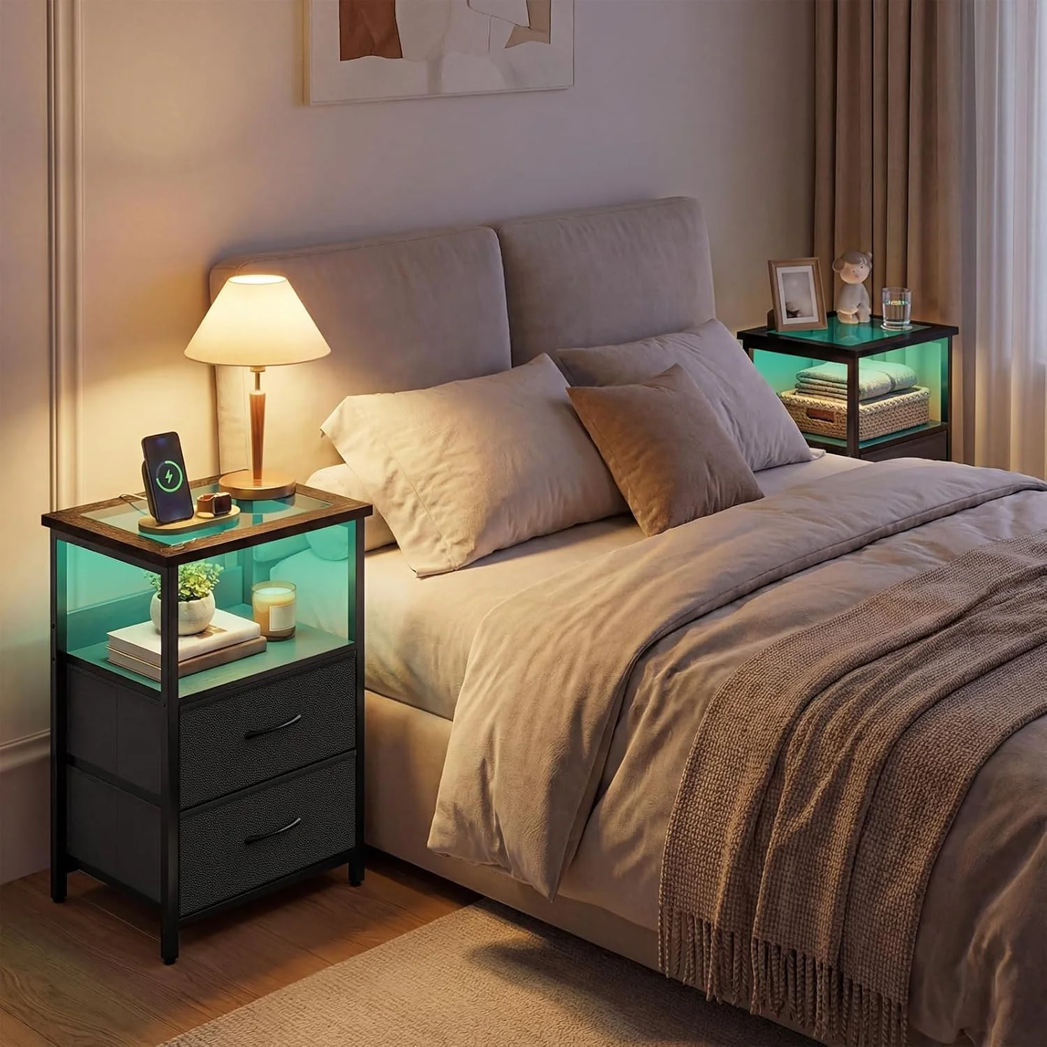 Fixwal 2 Drawers Night Stand with Glass Clear Desktop - Image 6