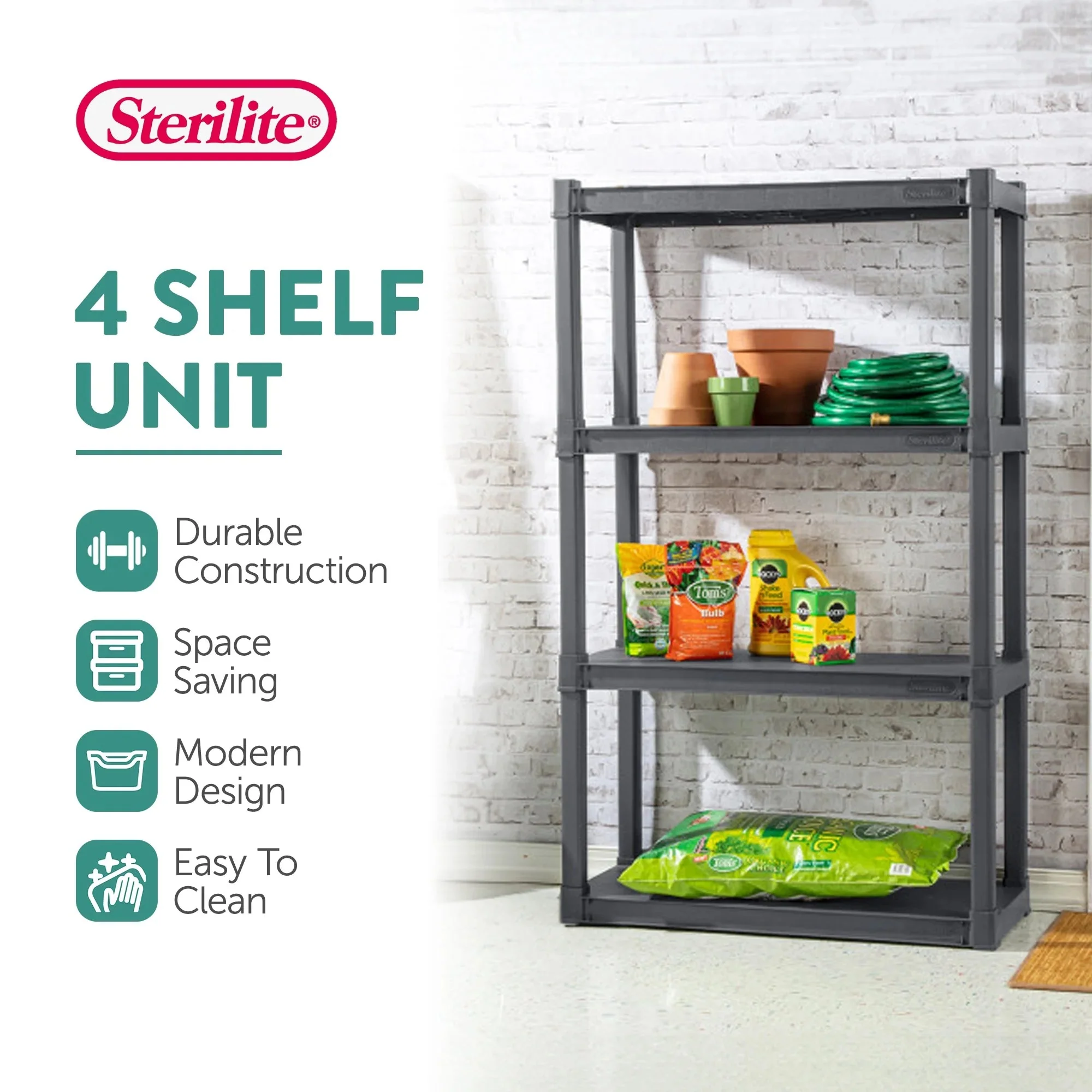 Sterilite Plastic Indoor Outdoor 4-Shelf Shelving Unit, Flat Gray, 3 Pack - Image 4