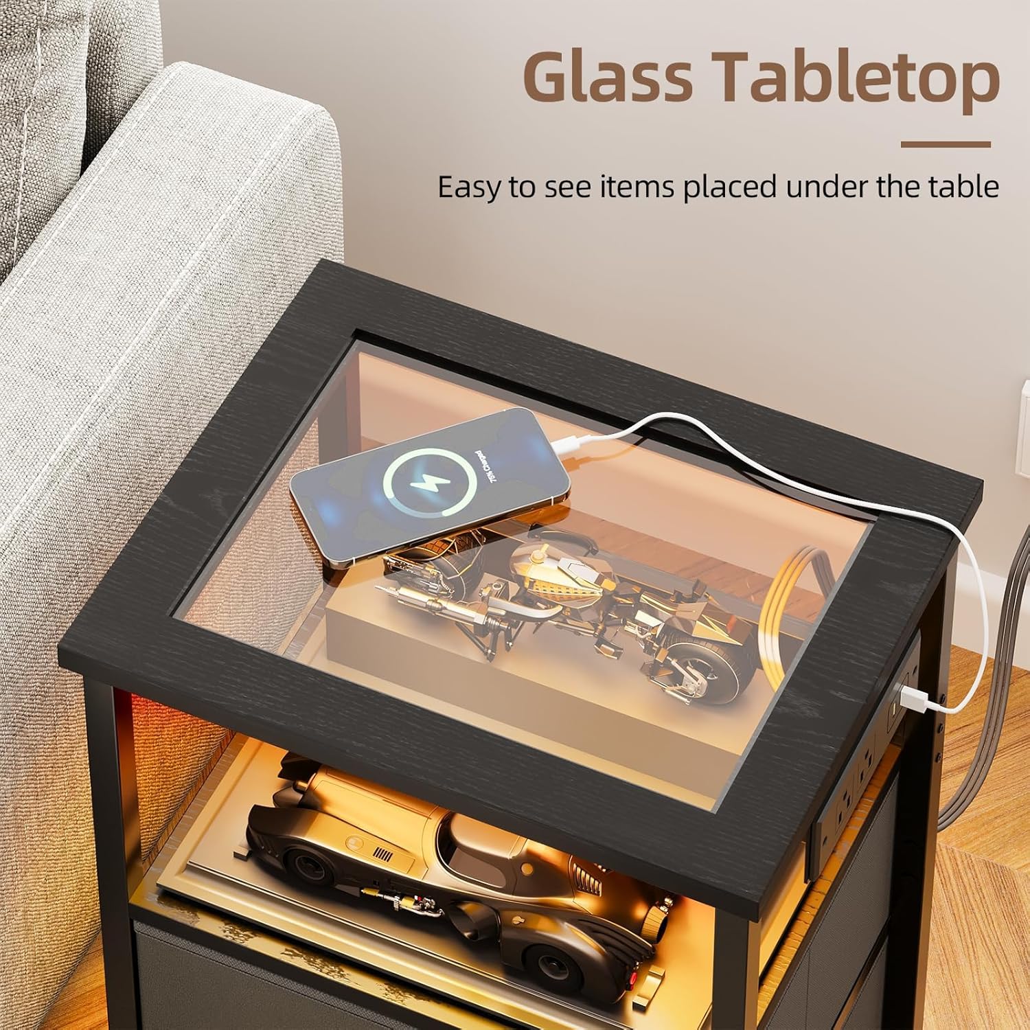 Fixwal 2 Drawers Night Stand with Glass Clear Desktop - Image 3