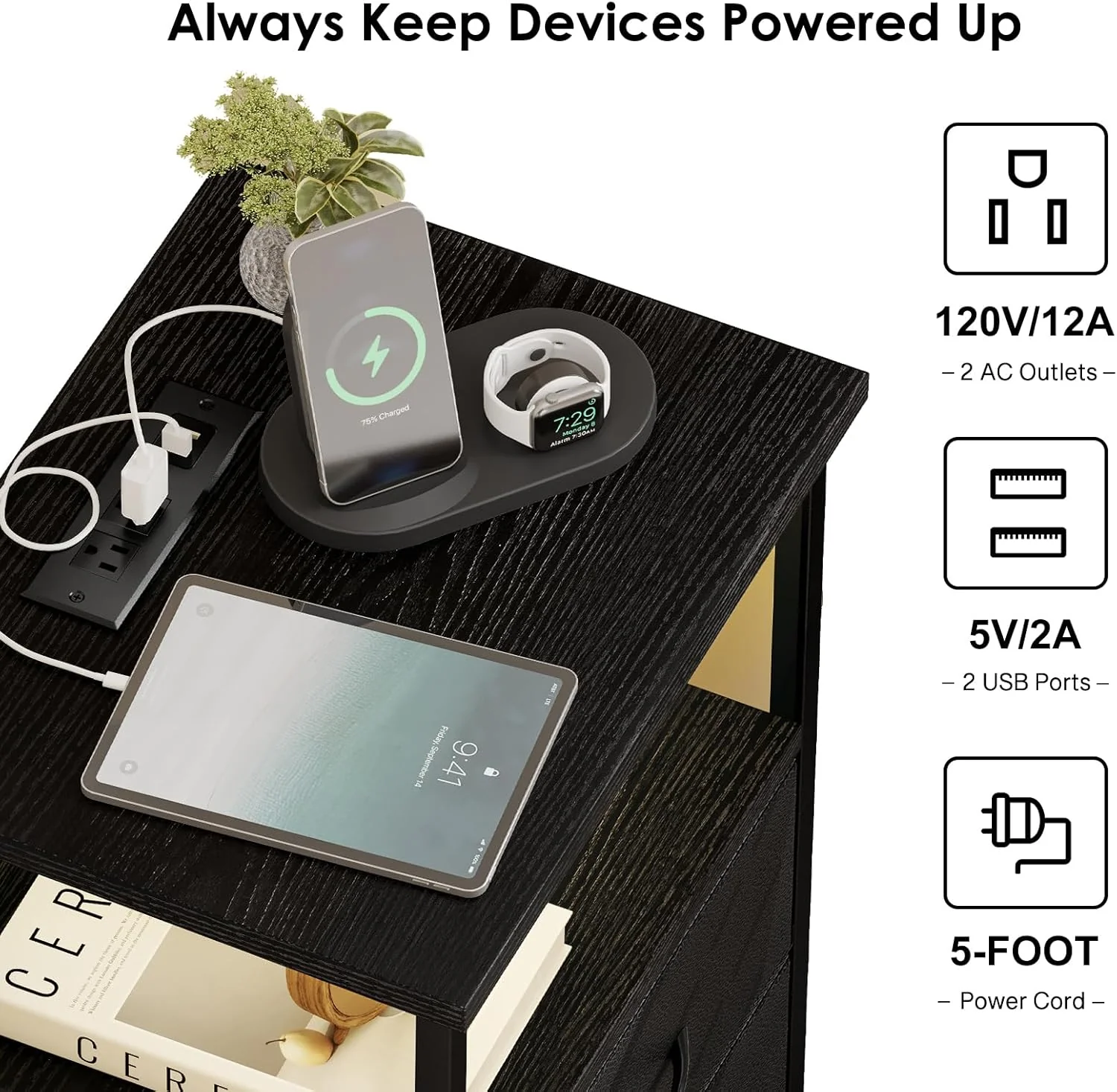 Black Nightstand Set of 2 with Charging Station, RGB LED & 2 Fabric Drawers - Image 6