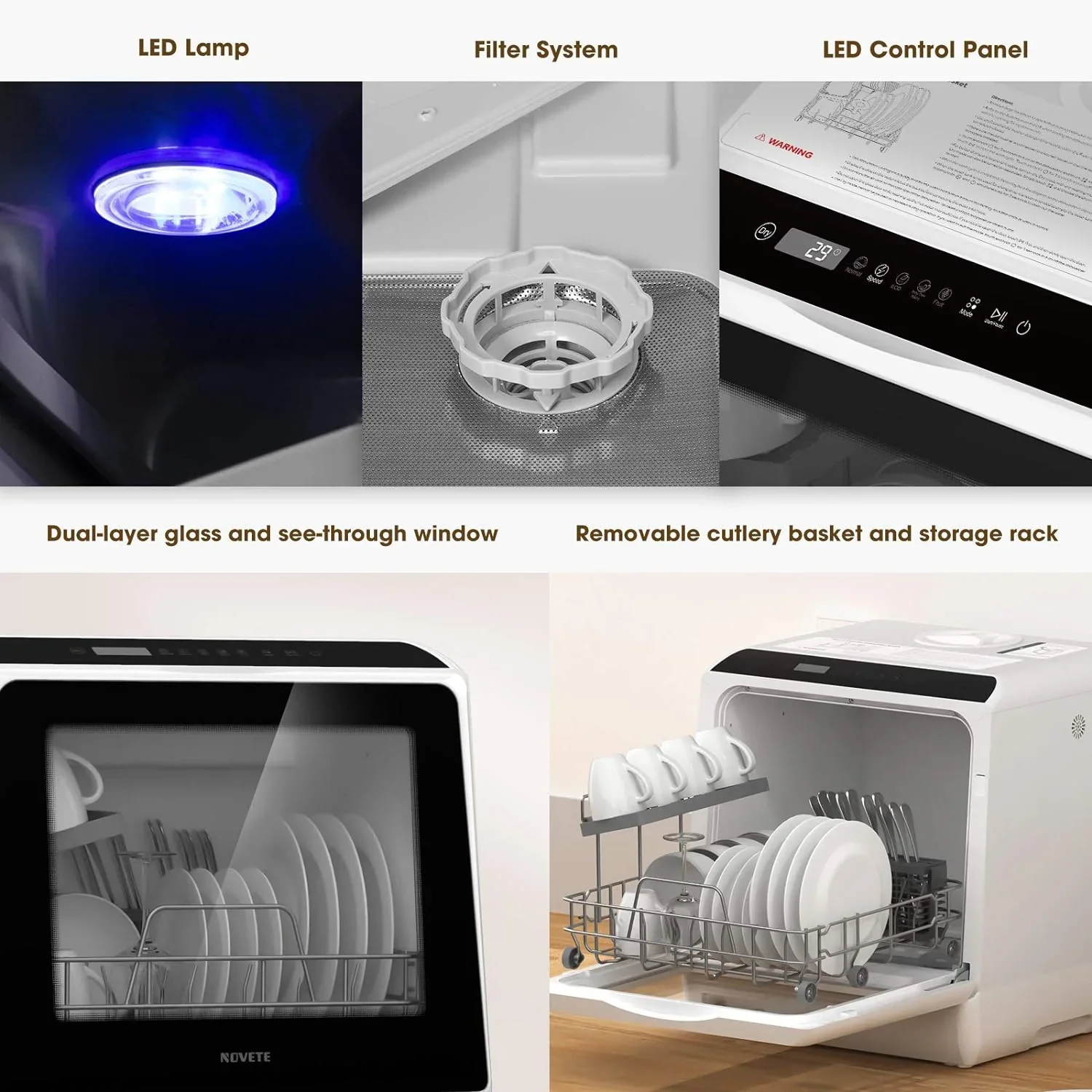 NOVETE Countertop Dishwasher, 5 L Water Tank, 5 Programs, White - TDQR01 - Image 9