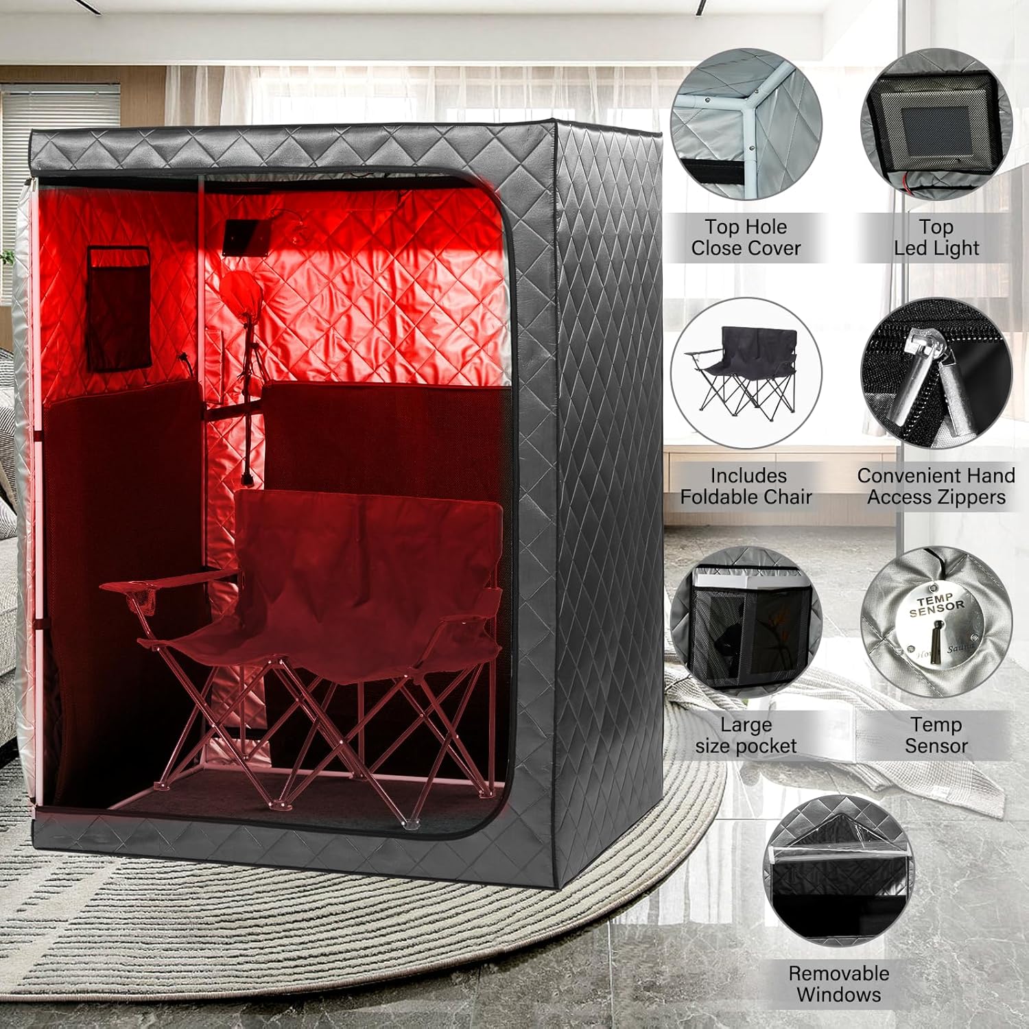 Portable 2-Person Infrared Sauna Tent With 2 Foldable Chairs, Remote Control, 1600 Watt, 140 Fahrenheit - Image 4