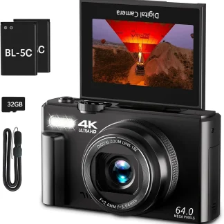 4K Digital Camera for Photography, 64MP Vlogging Camera for YouTube with 3" 180° Flip Screen, 18X Digital Zoom Point and Shoot Camara with 32GB Micro SD Card for Beginner (Black)
