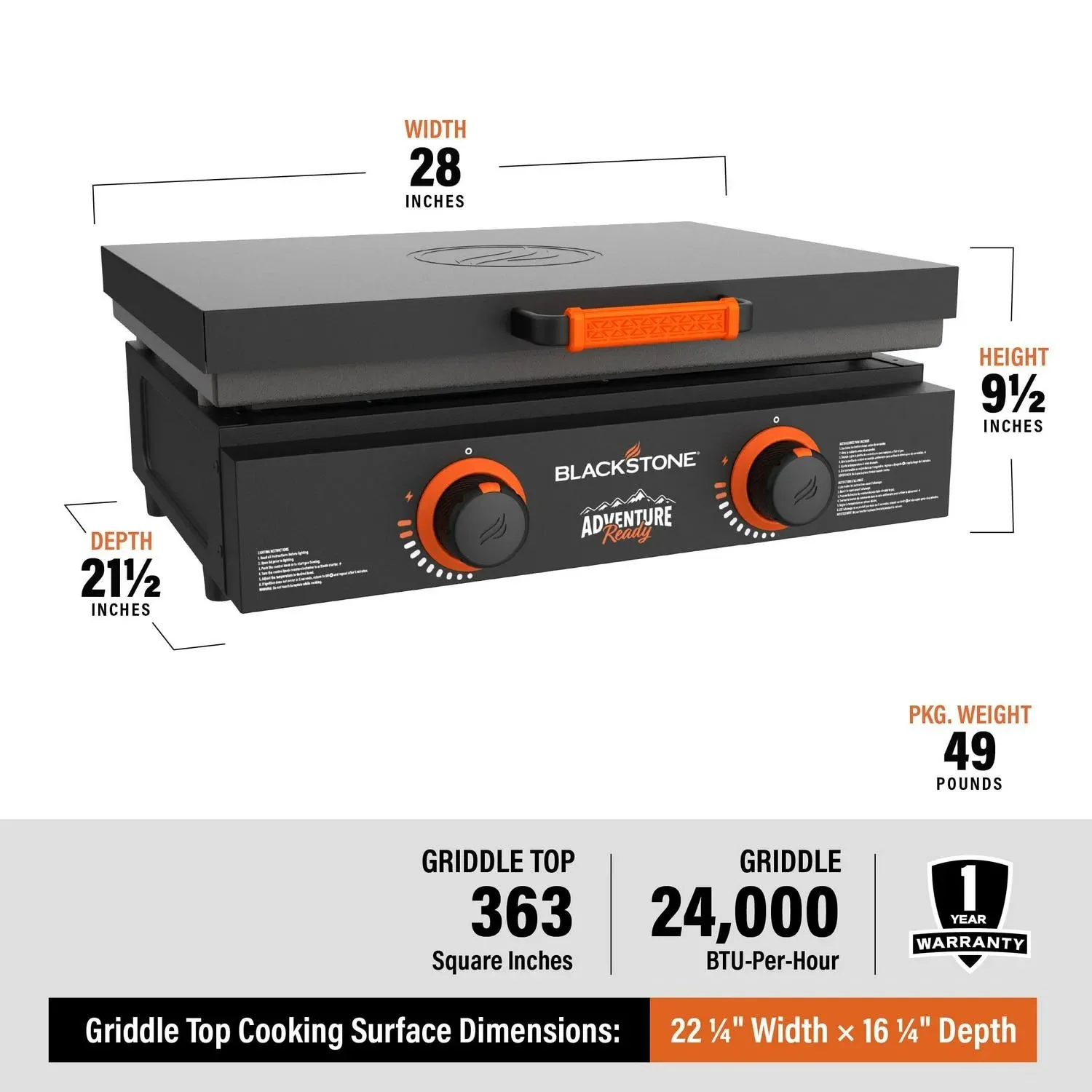 Blackstone Adventure Ready 22′′ Propane Griddle Gift Bundle, Black – Includes Griddle, Hardcover, Carry Bag, 24,000 BTU Burners, Rear Grease System - Image 3