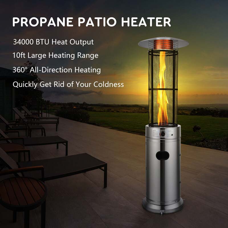 41000 BTU Standing Propane Patio Heater with Wheels, Stainless Steel Round Glass Tube Gas Outdoor Heater - Image 5