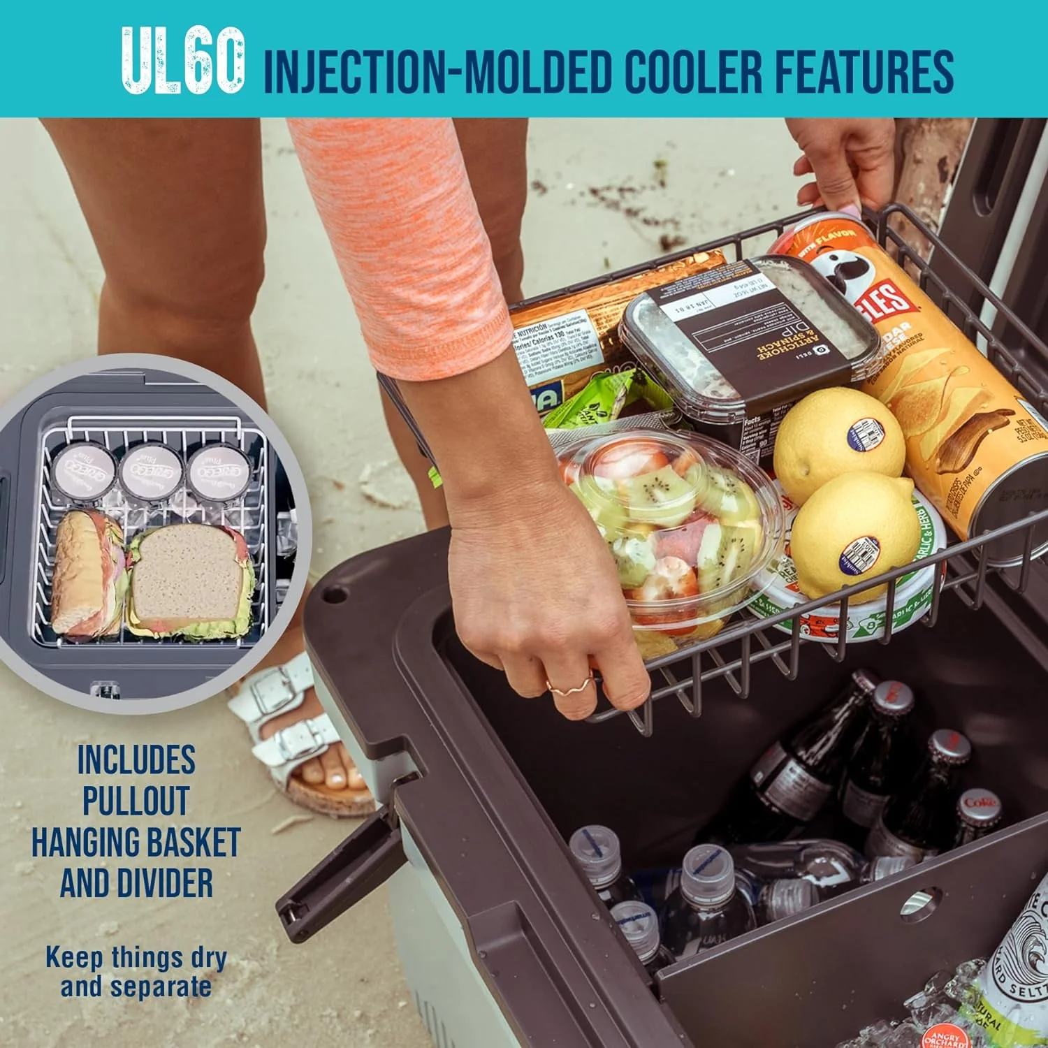 60 QT Ultra-Light Injection Molded Cooler - Ice Chest Keeps Ice up to 7 Days - Large Cooler Includes Wire Basket, Divider and Built-in Bottle Opener - Image 15