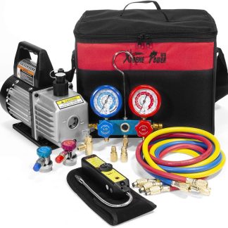Premium 4CFM Air Vacuum Pump HVAC A/C Refrigeration Kit AC Manifold Gauge Case Set R134a Tap w/Leak Detector and Carrying Tote Bag