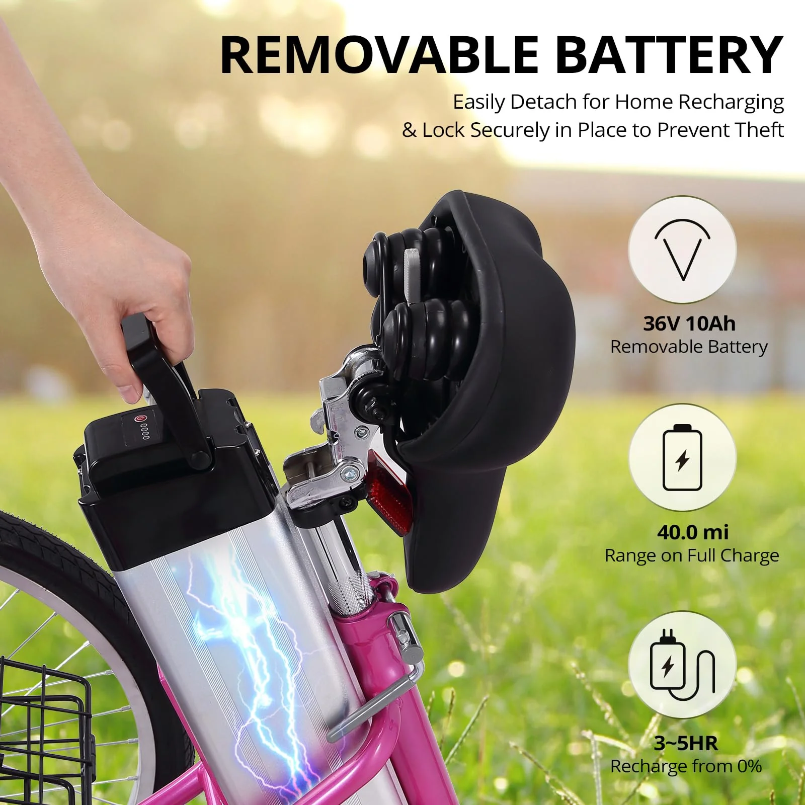 Electric Tricycle for Adults, 7 Speeds Folding Electric Trike, 24 Inch 3 Wheel Motorized Bicycle w/ 36V 10Ah Removable Battery, E Trikes with Large Basket, 330 Loading Capacity, 250W Motor, Pink - Image 9