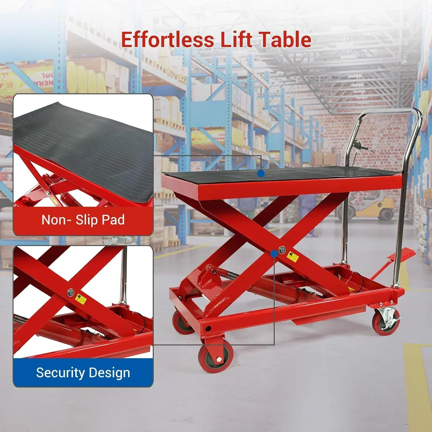 500LBS Hydraulic Lift Table Cart, 30" Lifting Height., Double Scissor Lift Table with 4 Wheels and Non-Slip Pad, Hydraulic Scissor Lift Table for Material Handling and Transportation - Image 9
