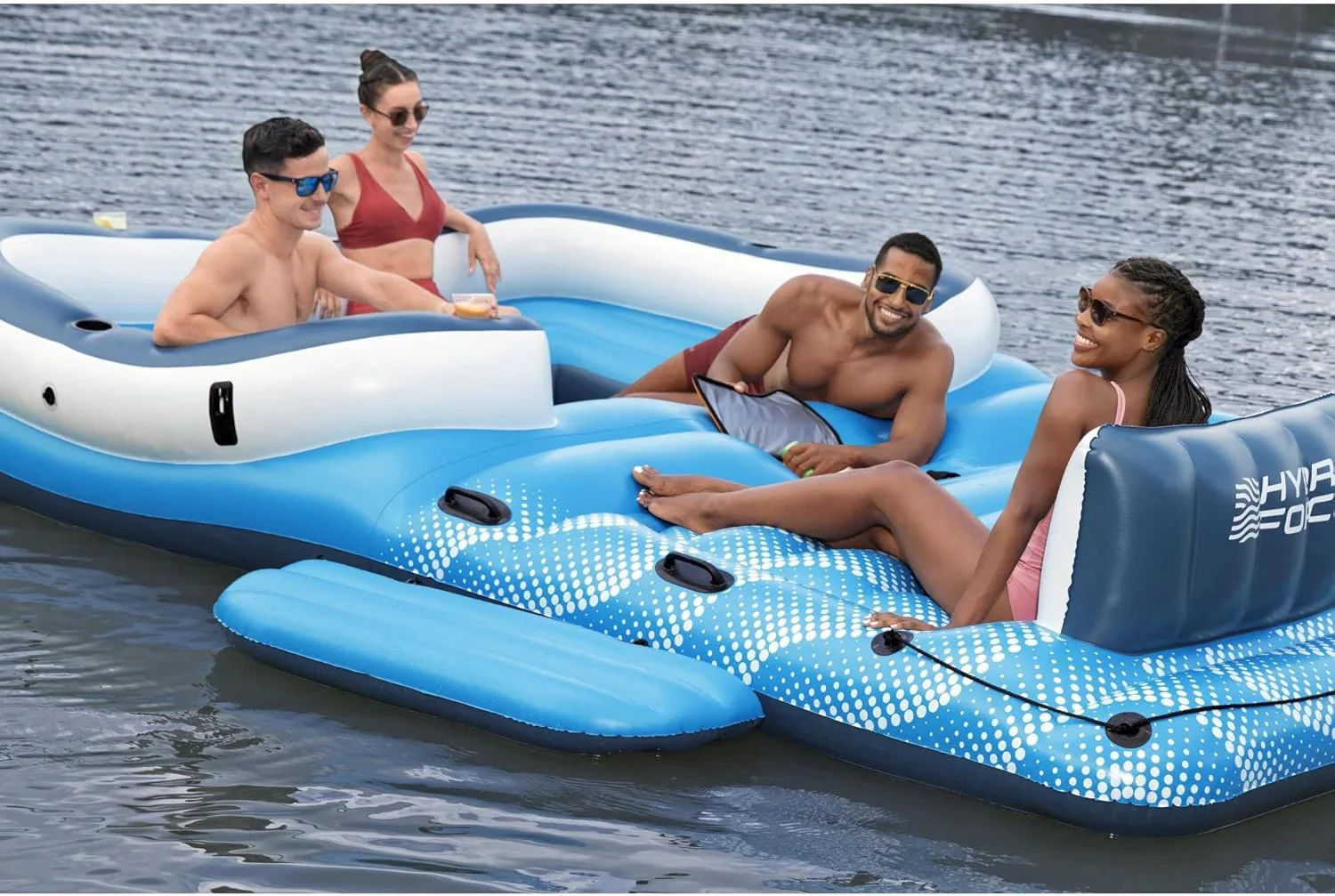 Tropical Breeze 6 Person Inflatable Party Island Large Relaxing Water Float with Detachable Sunshade and Cooler Bag - Image 4
