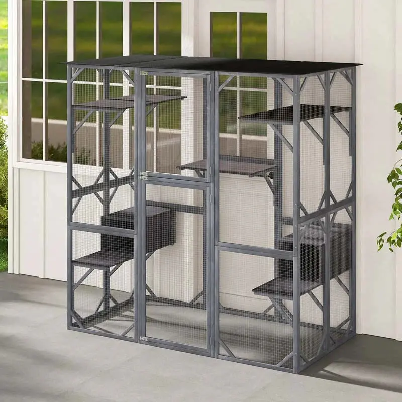 71-Inch Outdoor Wooden Catio Enclosure With 7 Platforms And 2 Condos - Grey - Image 7